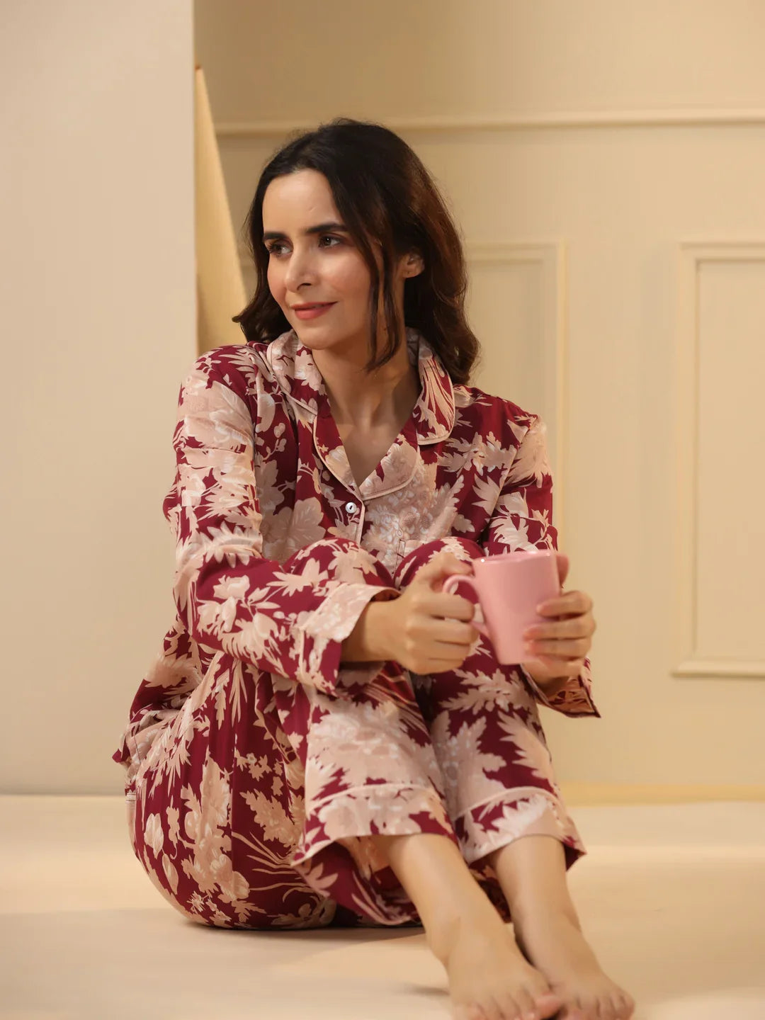 Red maroon Printed Full sleeves Cotton Night suit - SanskrutiHomes
