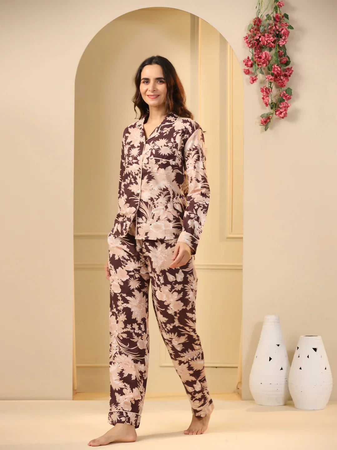 Brown Printed Full sleeves Cotton Night suit - SanskrutiHomes