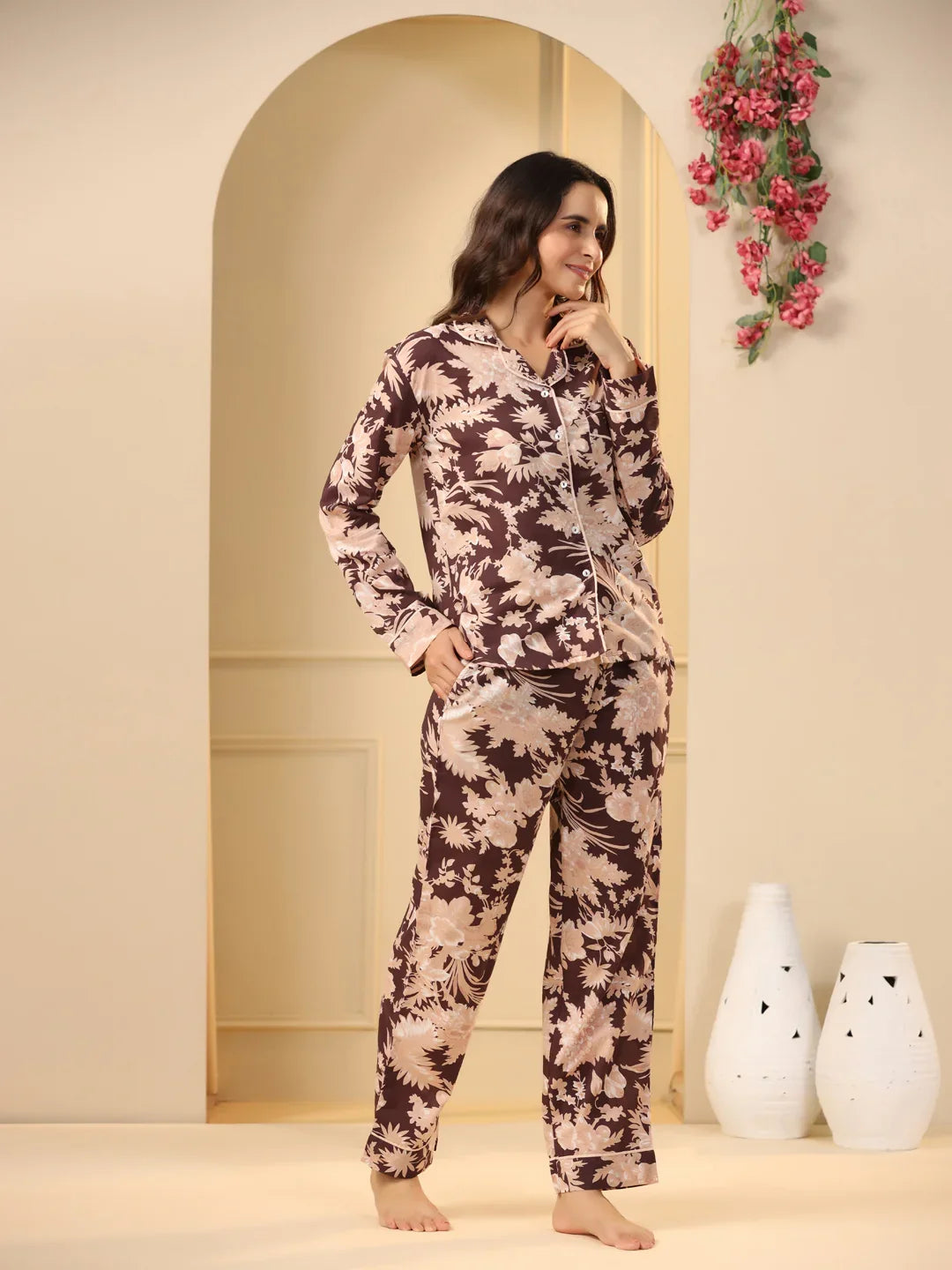 Brown Printed Full sleeves Cotton Night suit - SanskrutiHomes