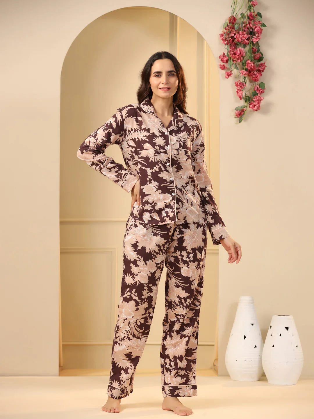 Brown Printed Full sleeves Cotton Night suit - SanskrutiHomes