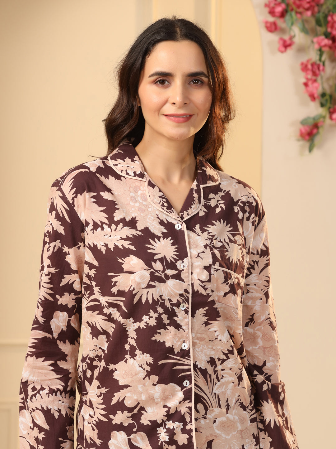 Brown Printed Full sleeves Cotton Night suit