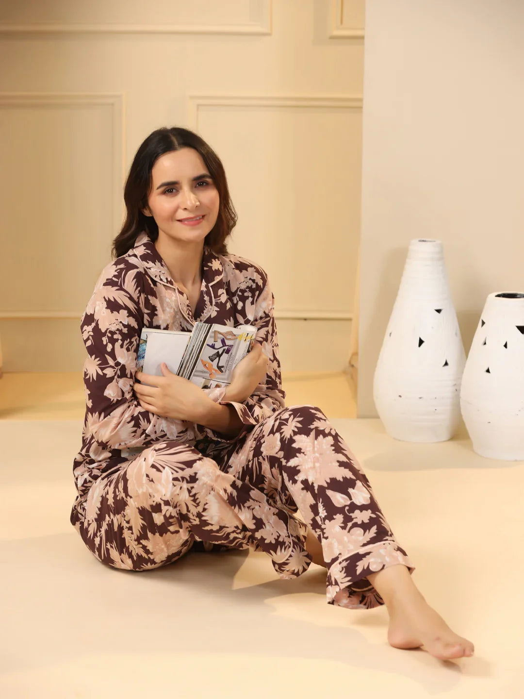 Brown Printed Full sleeves Cotton Night suit - SanskrutiHomes