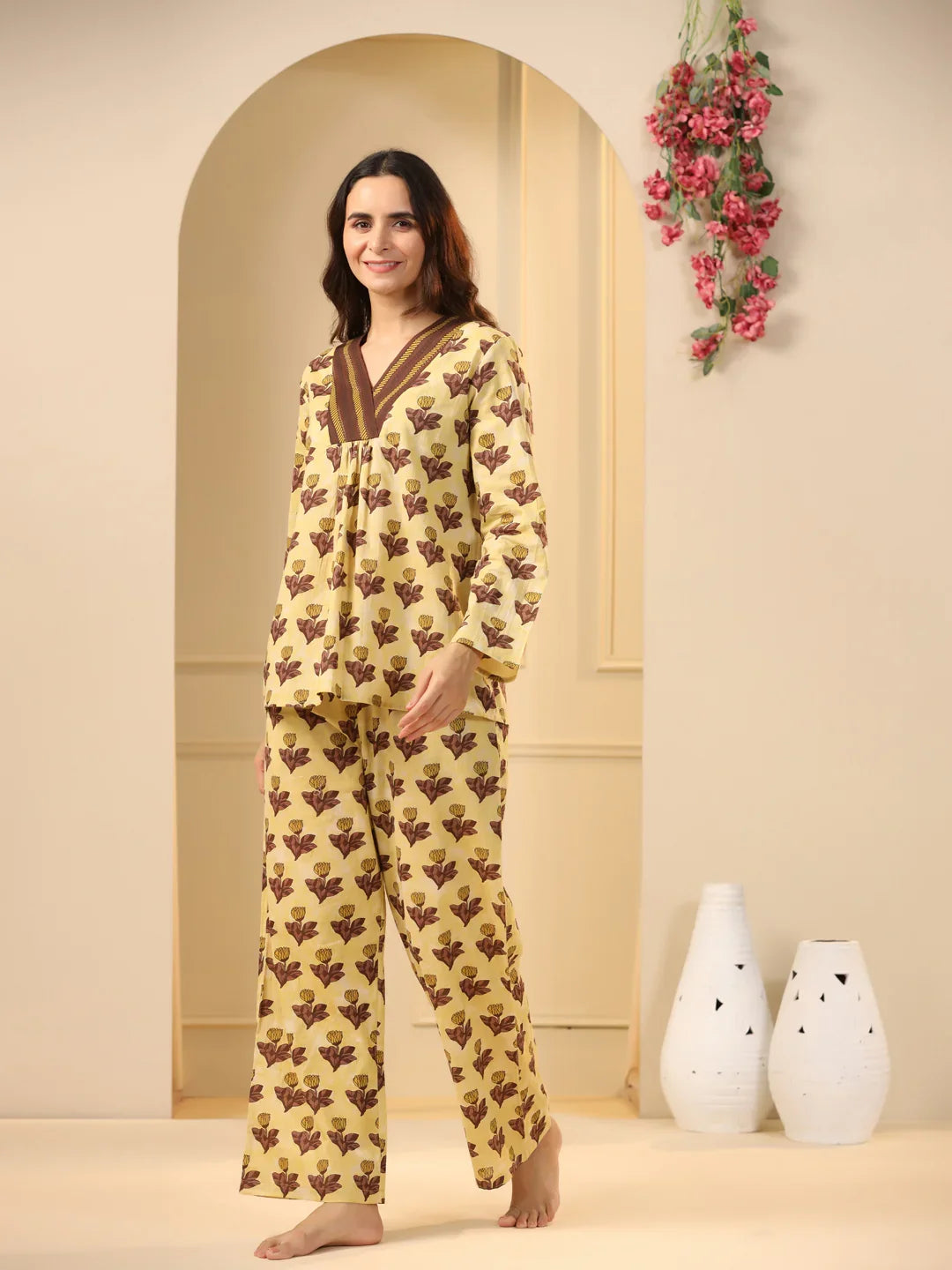 Mustard printed pure cotton night suit set - SanskrutiHomes
