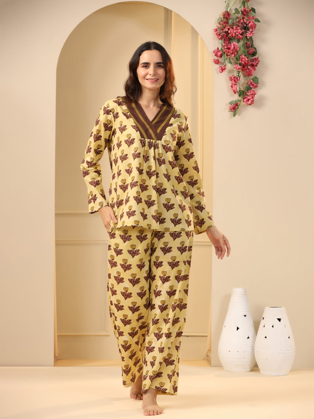 Mustard printed pure cotton night suit set