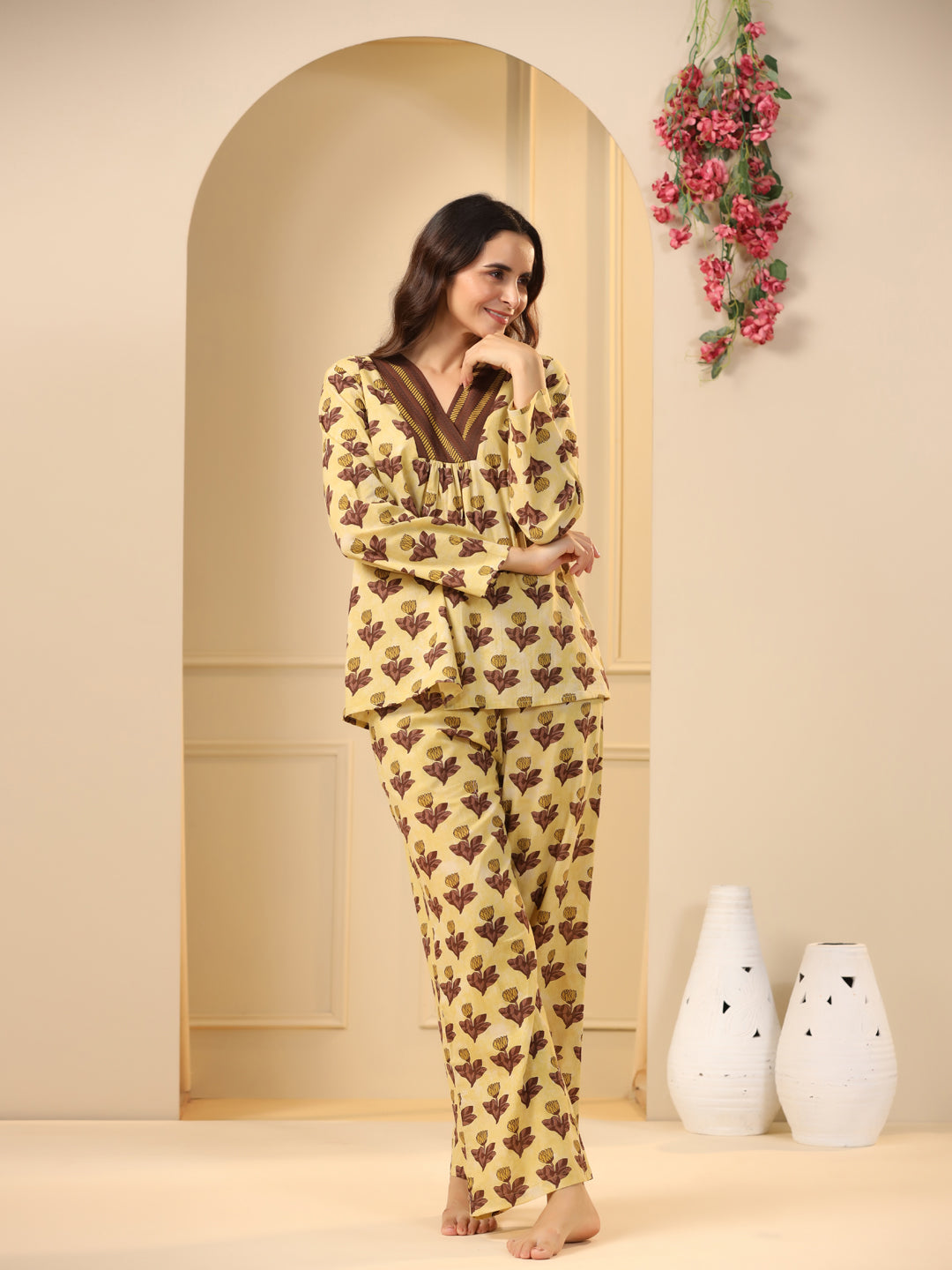 Mustard printed pure cotton night suit set