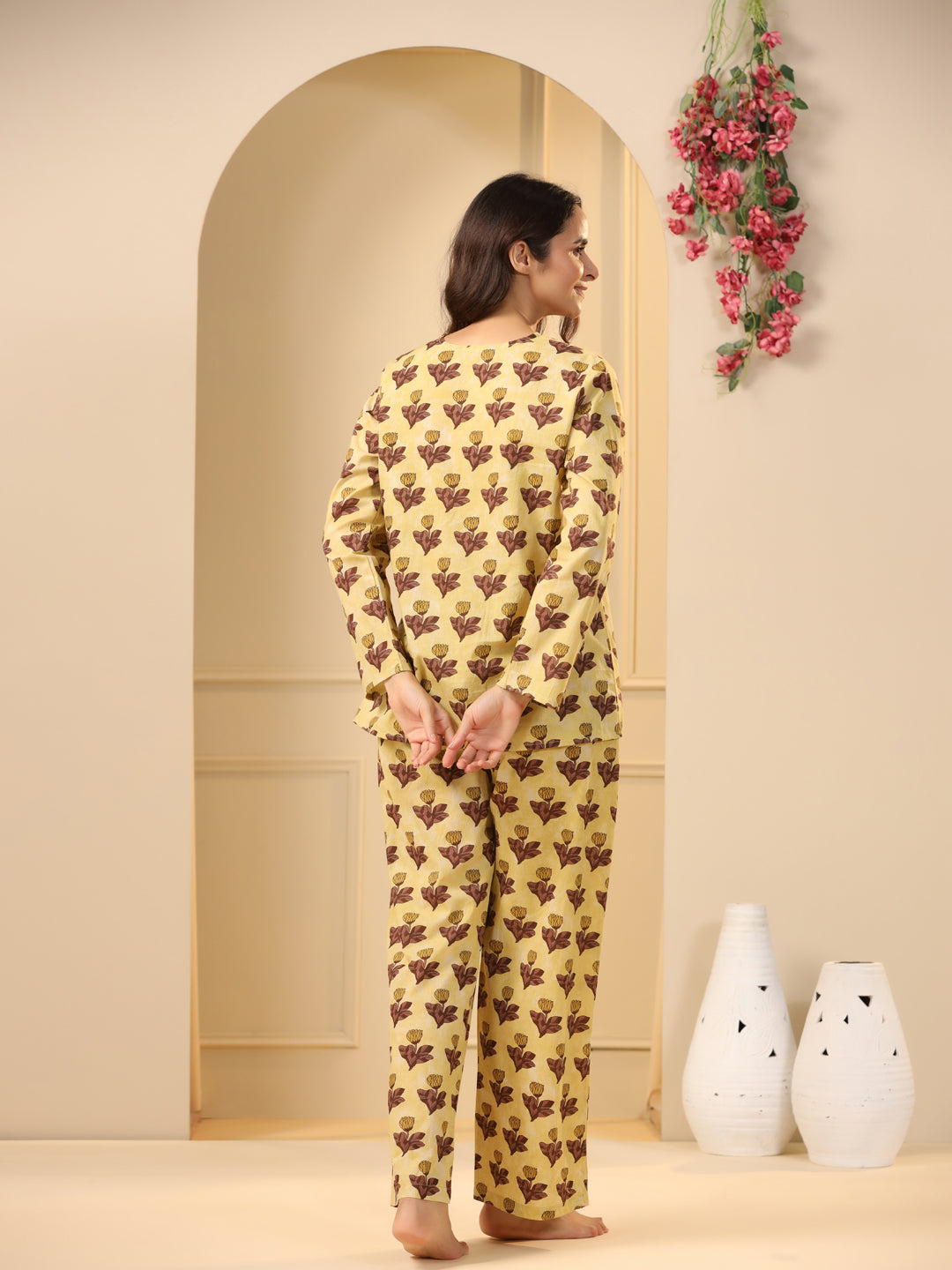 Mustard printed pure cotton night suit set