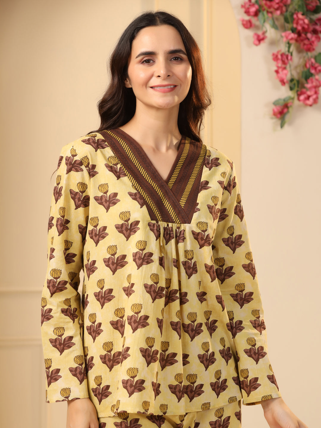 Mustard printed pure cotton night suit set