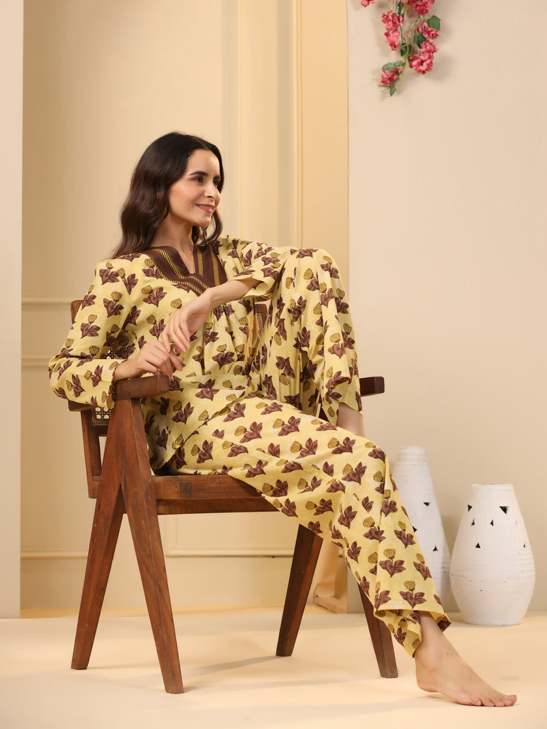 Mustard printed pure cotton night suit set
