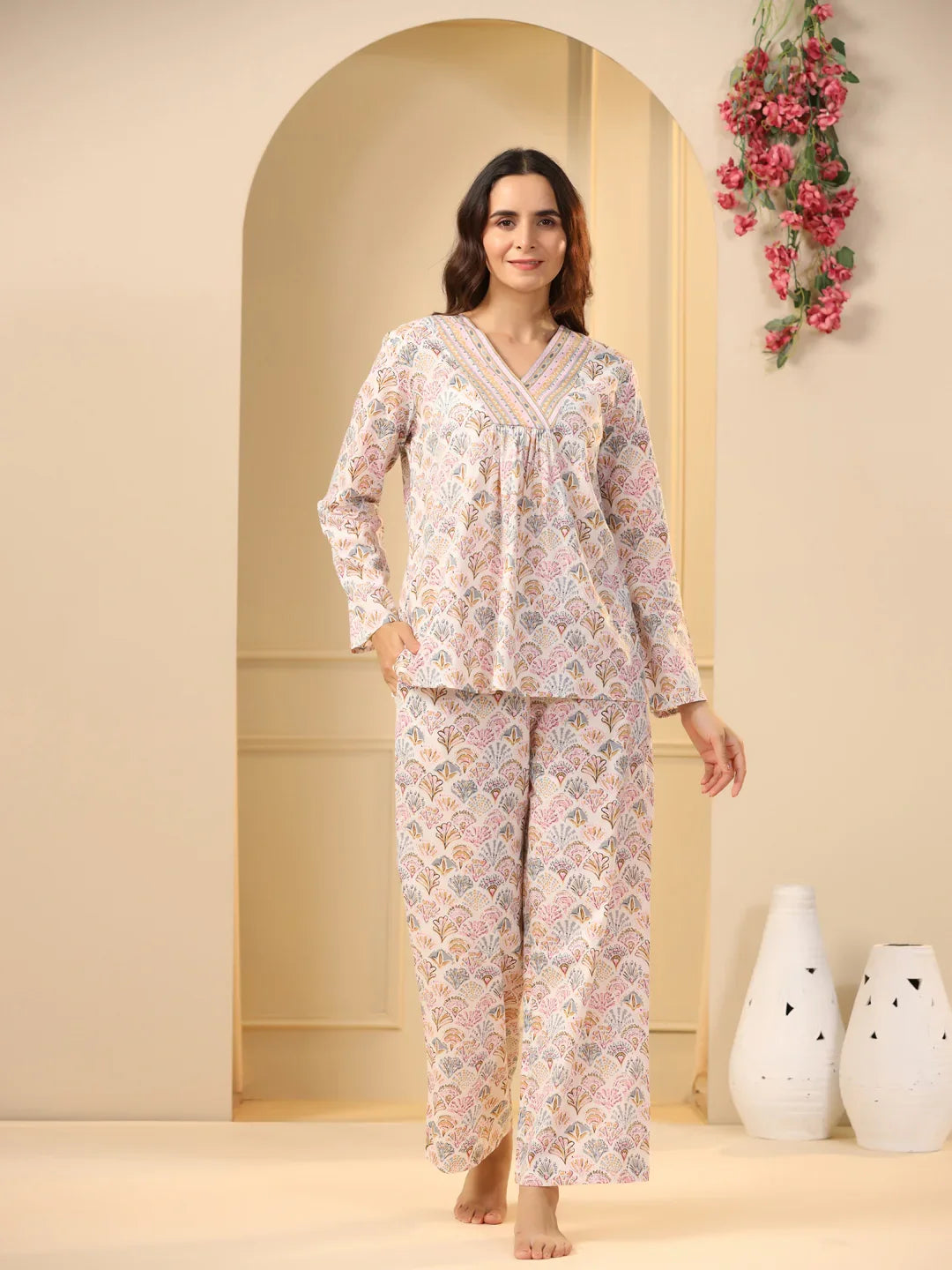 Off -white printed pure cotton night suit set - SanskrutiHomes