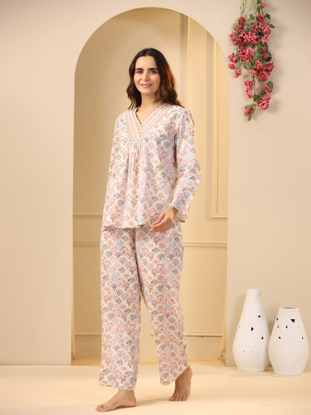 Off -white printed pure cotton night suit set