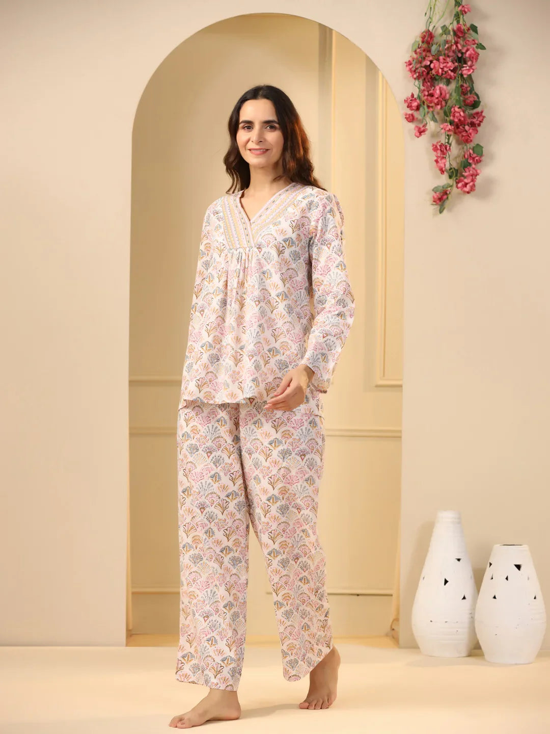 Off -white printed pure cotton night suit set - SanskrutiHomes