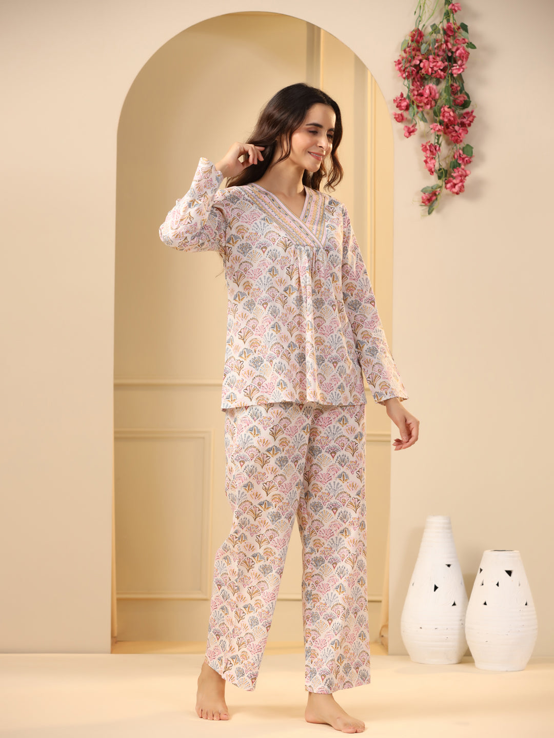 Off -white printed pure cotton night suit set
