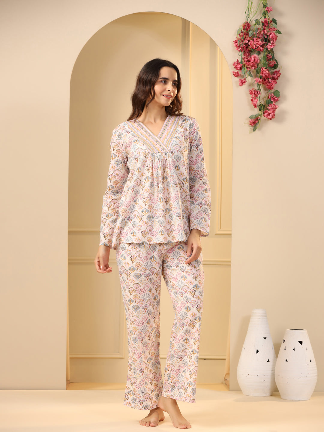 Off -white printed pure cotton night suit set
