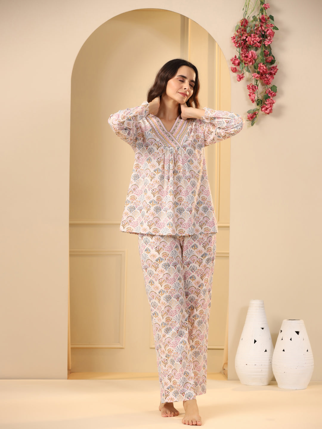 Off -white printed pure cotton night suit set