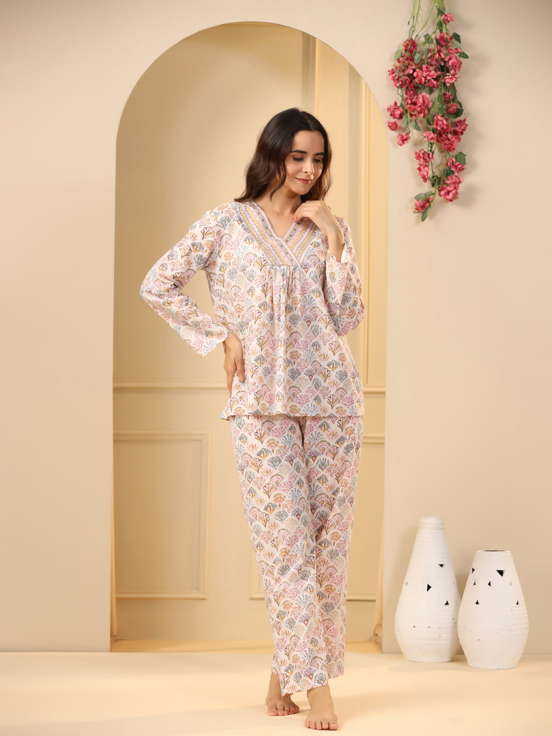 Off -white printed pure cotton night suit set