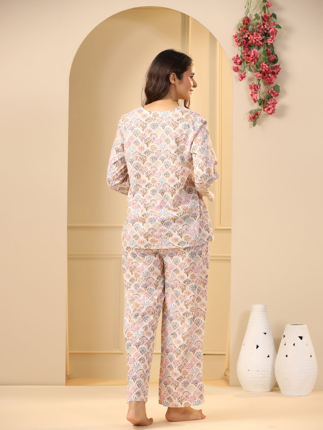Off -white printed pure cotton night suit set