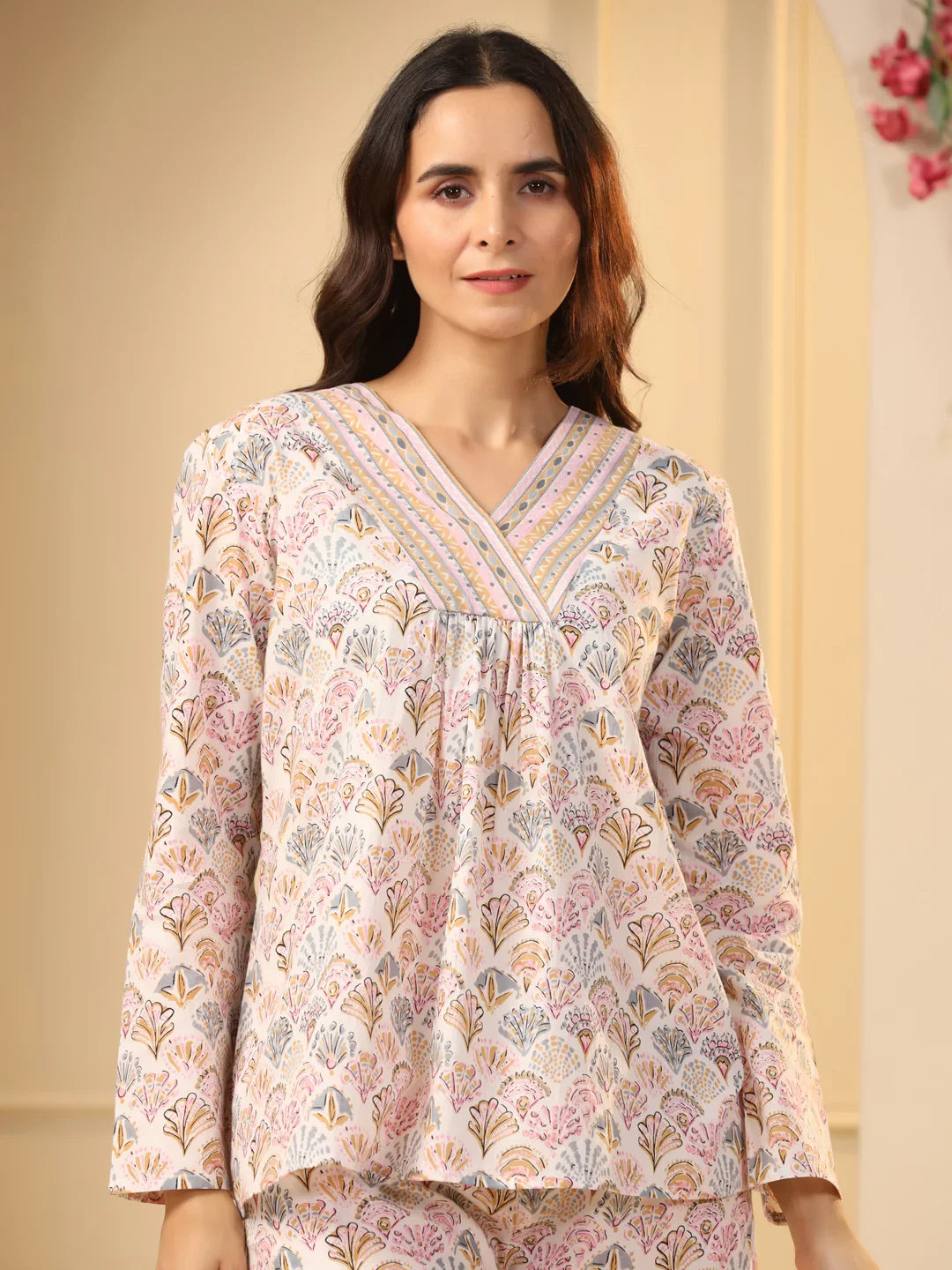 Off -white printed pure cotton night suit set - SanskrutiHomes
