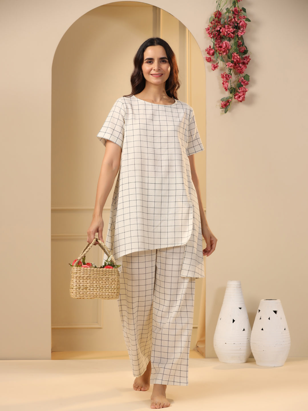 Off-White checks printed pure cotton night suit set