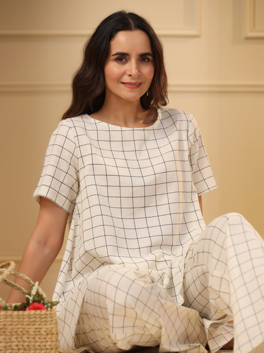 Off-White checks printed pure cotton night suit set