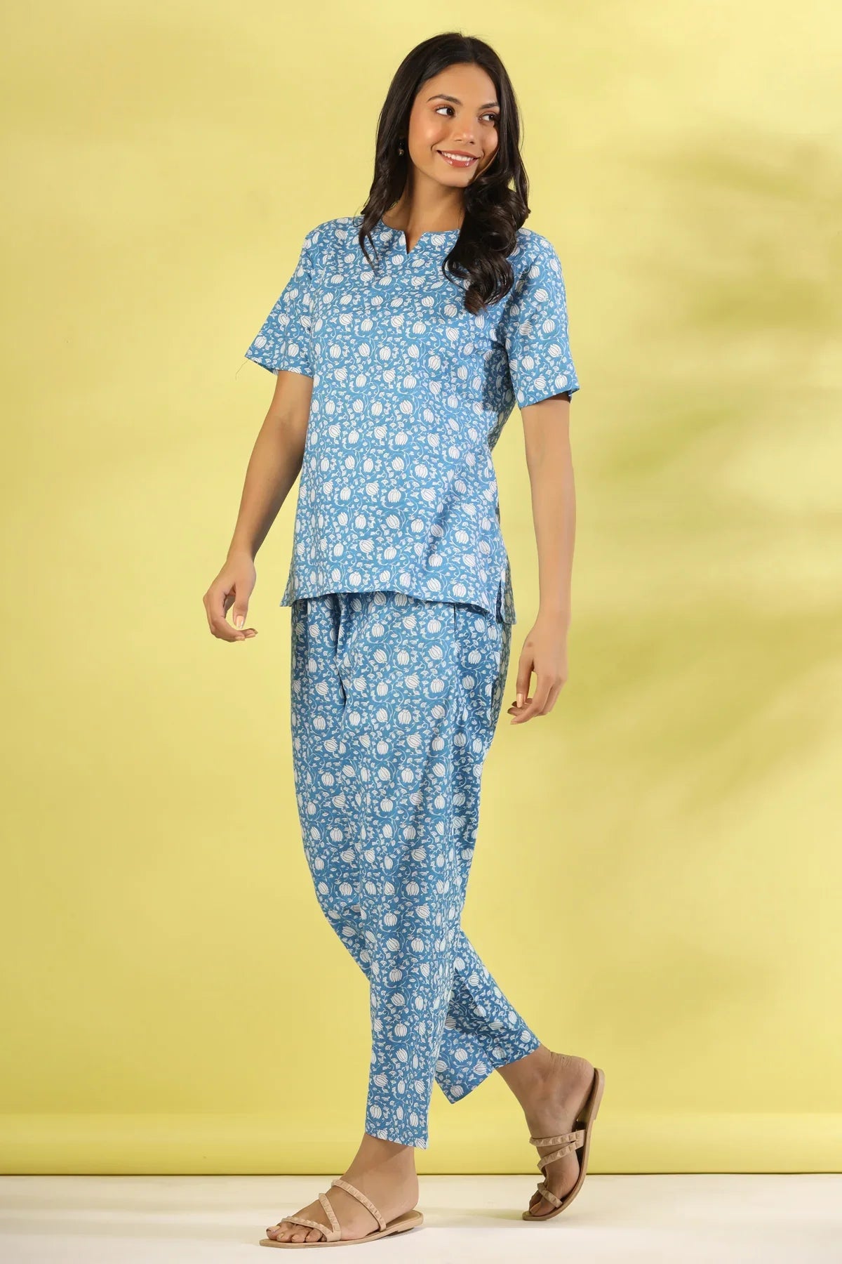 Blue lotus cotton night suit set - SanskrutiHomes