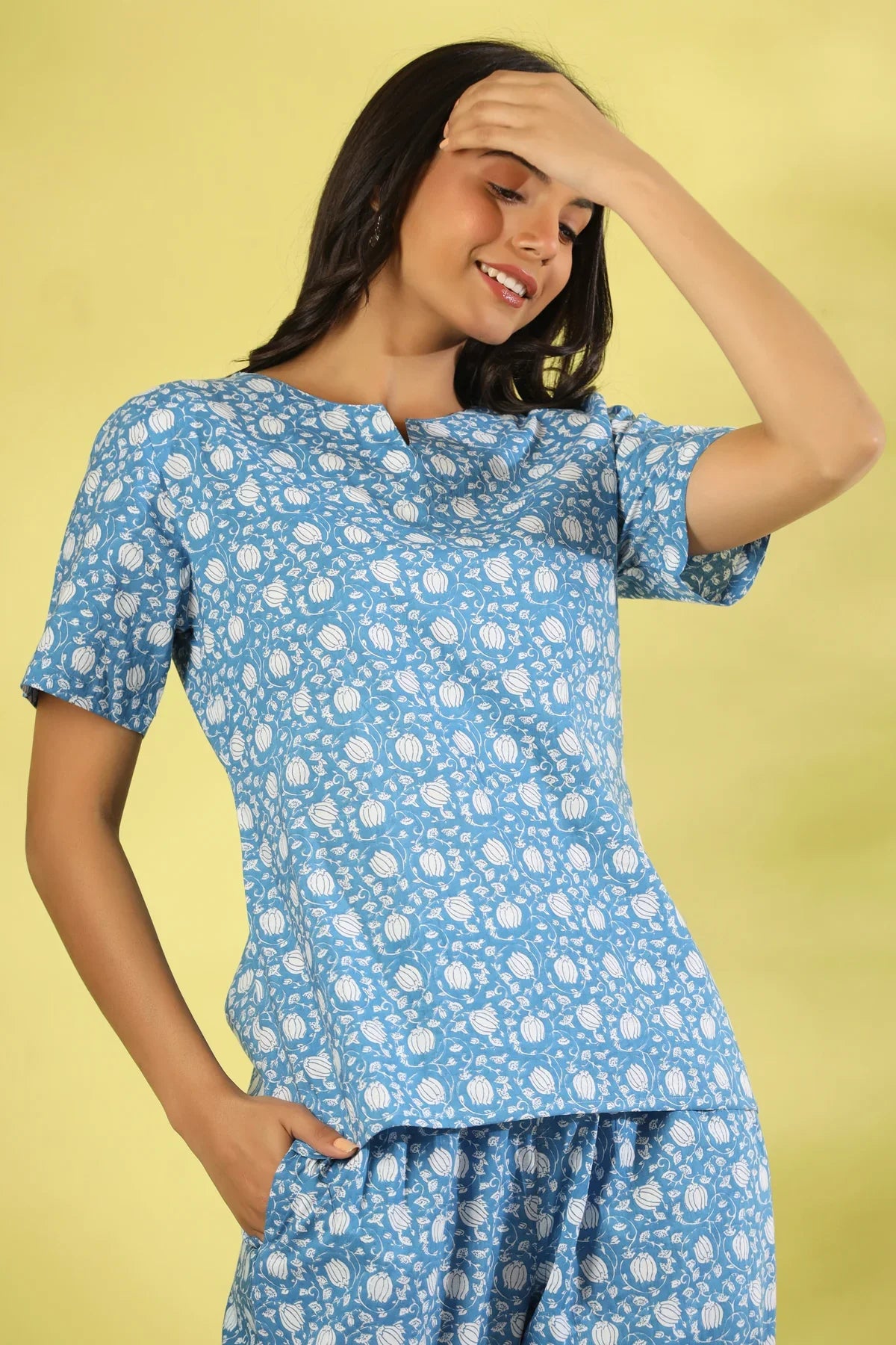 Blue lotus cotton night suit set - SanskrutiHomes