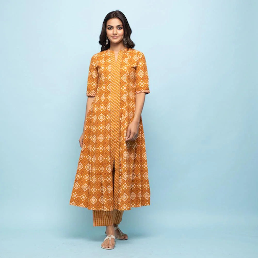 Rang Deep Women Set of Mustard Cotton Kurta with Palazzo - SanskrutiHomes