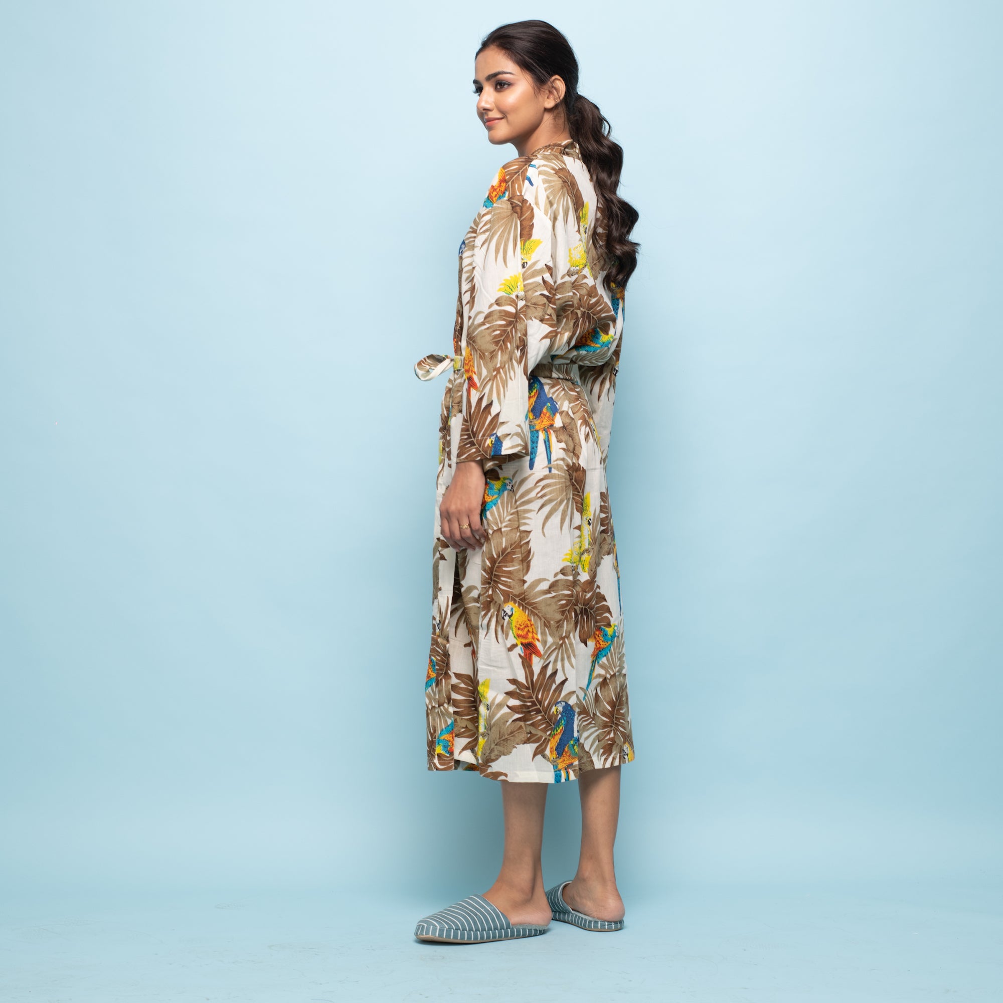 Multicolor Mustard Cotton Hand printed kimono robe