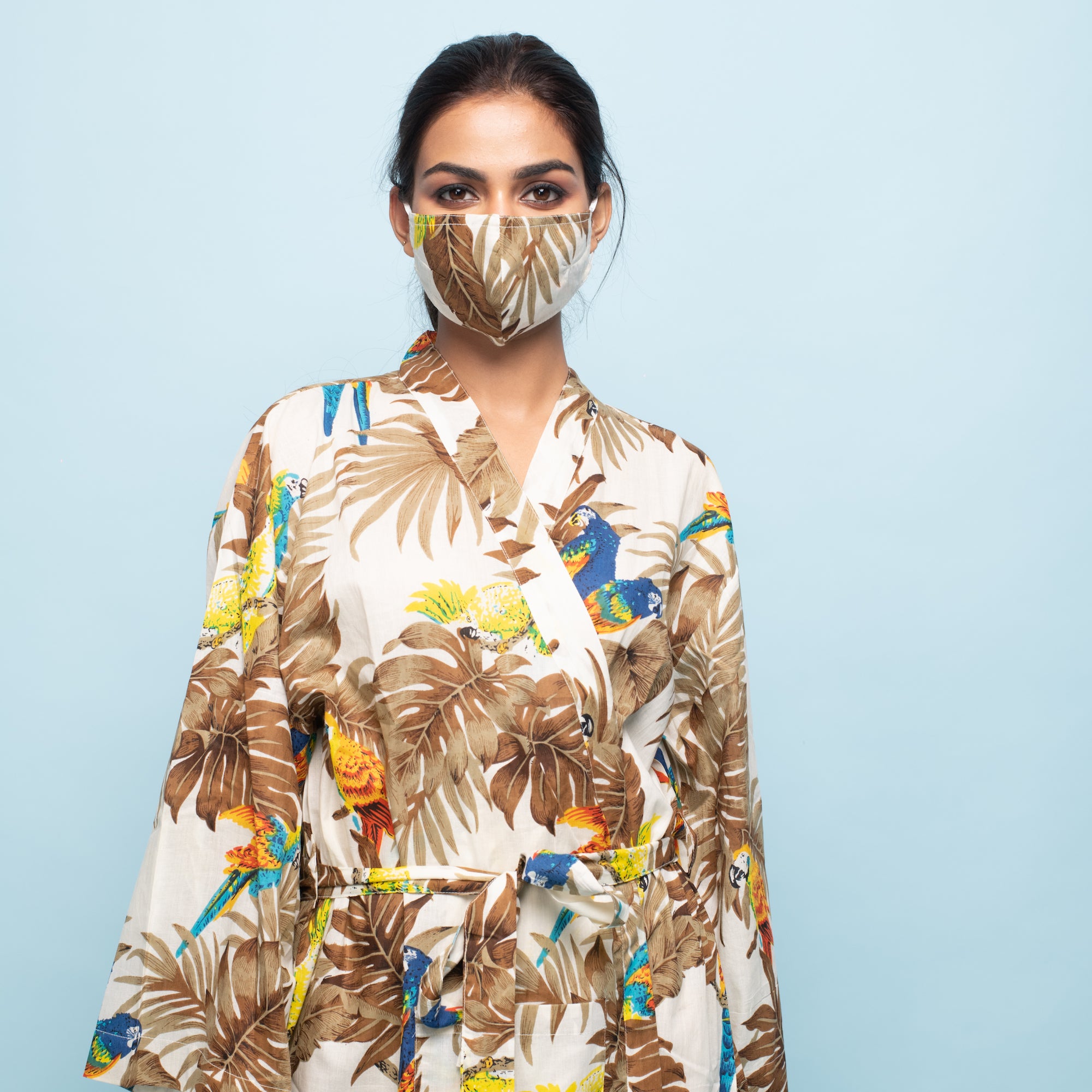 Multicolor Mustard Cotton Hand printed kimono robe