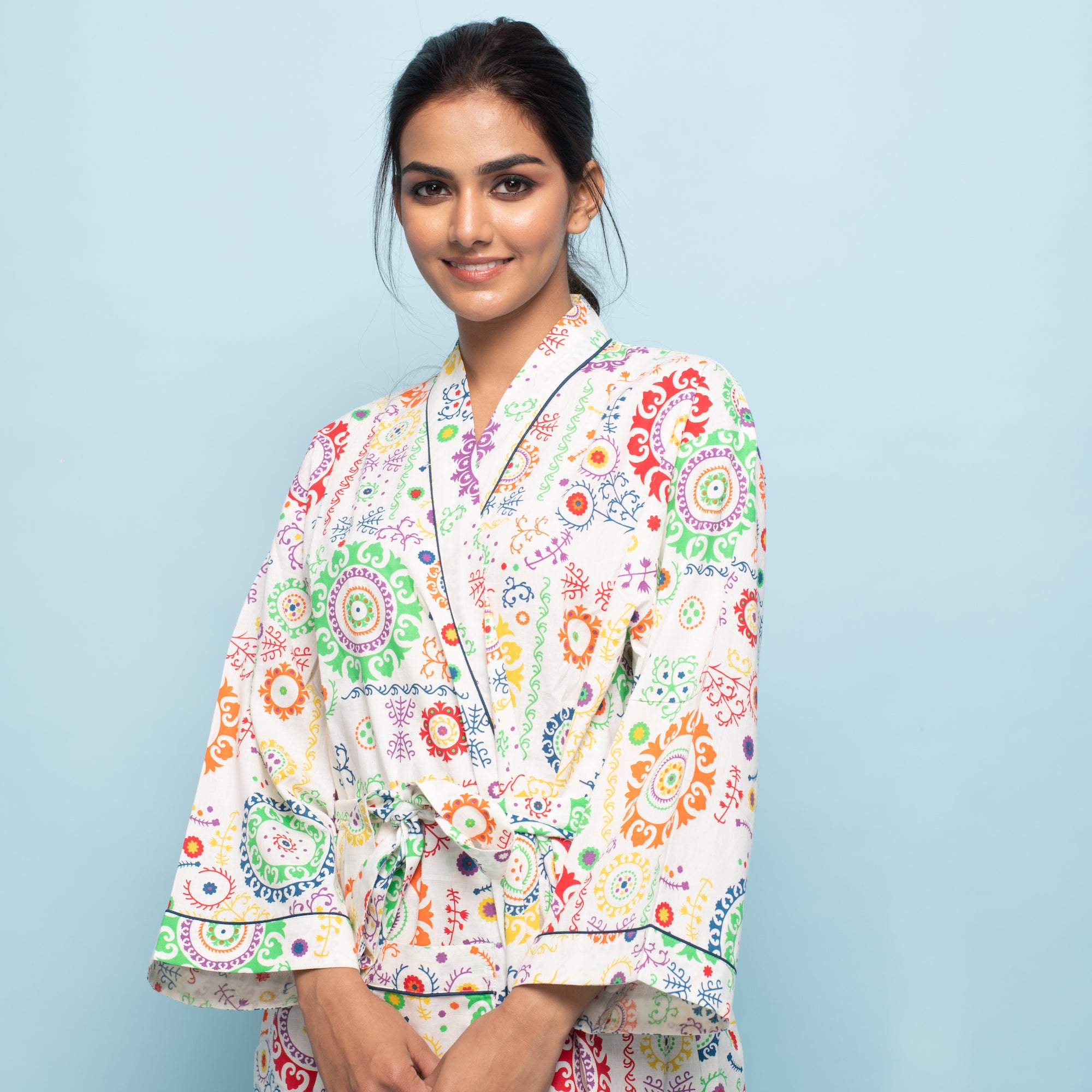 White Multicolor Cotton Hand printed kimono robe