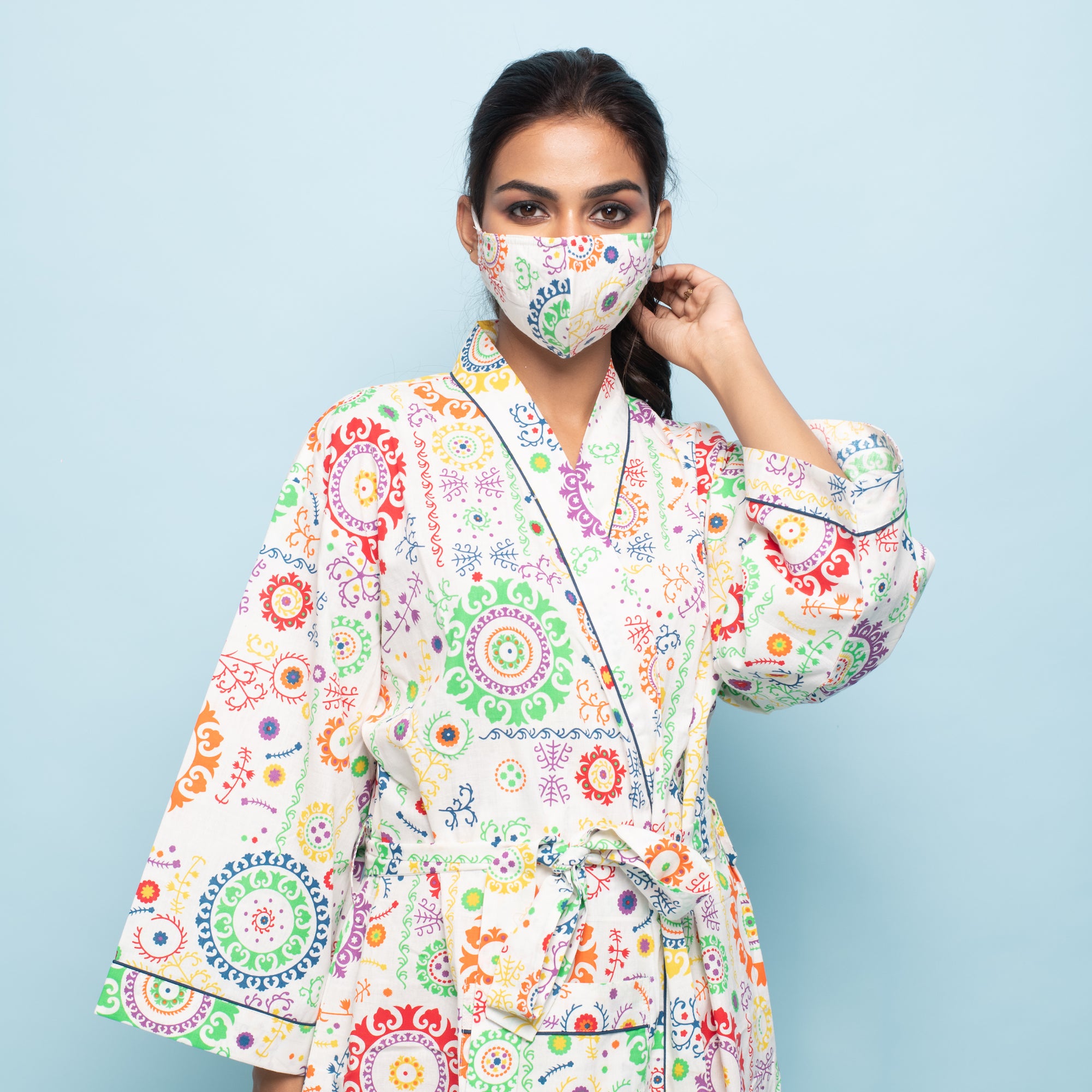 White Multicolor Cotton Hand printed kimono robe