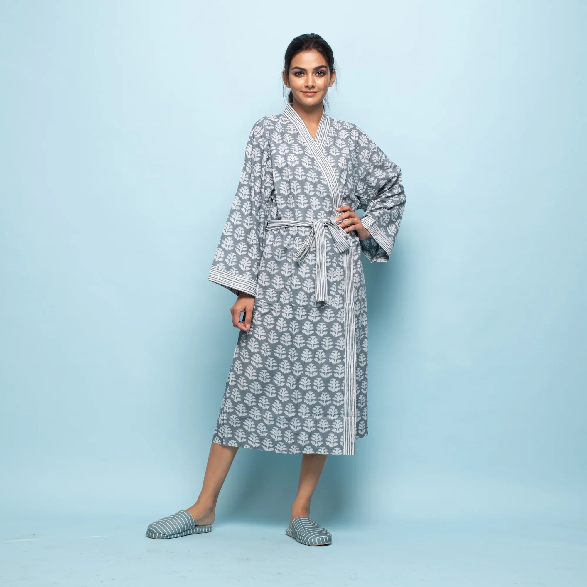 Grey Cotton Hand printed kimono robe - SanskrutiHomes
