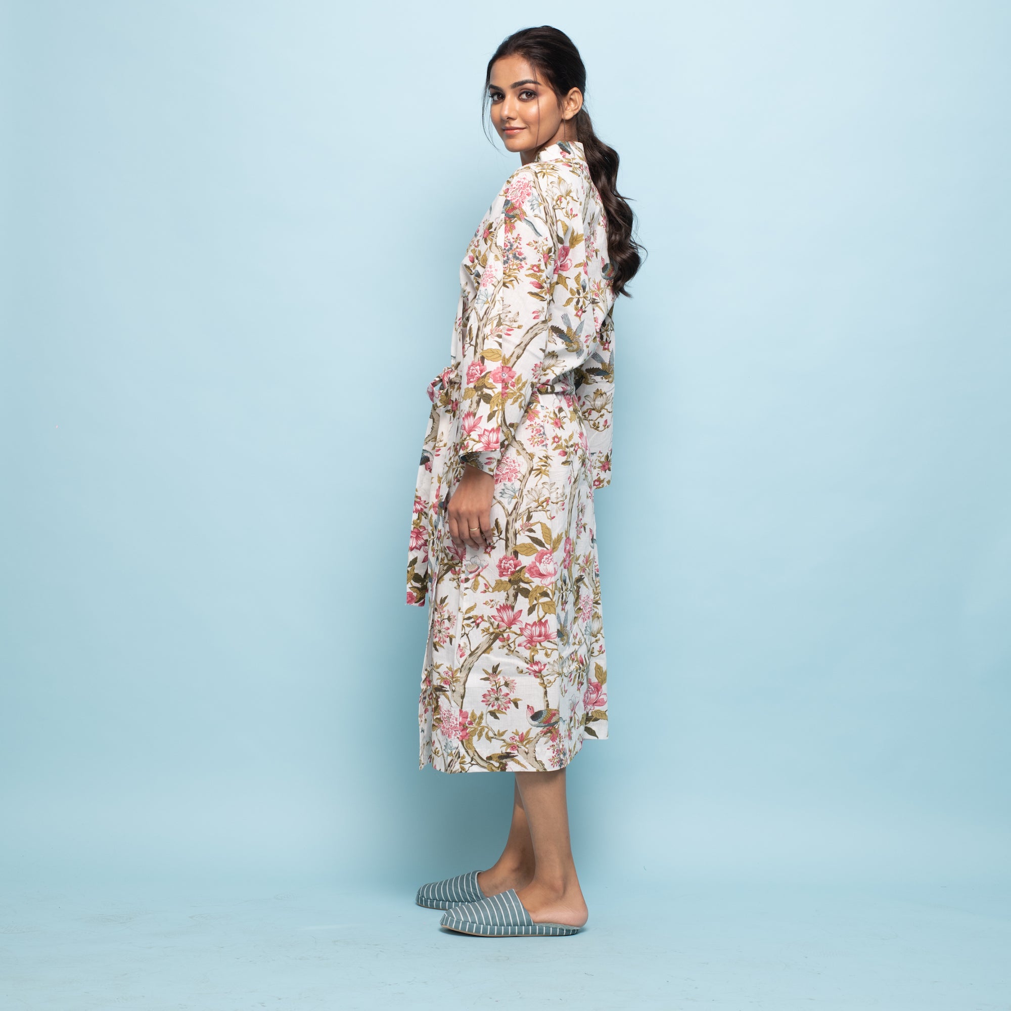 PINK FLORAL Cotton Hand printed kimono robe