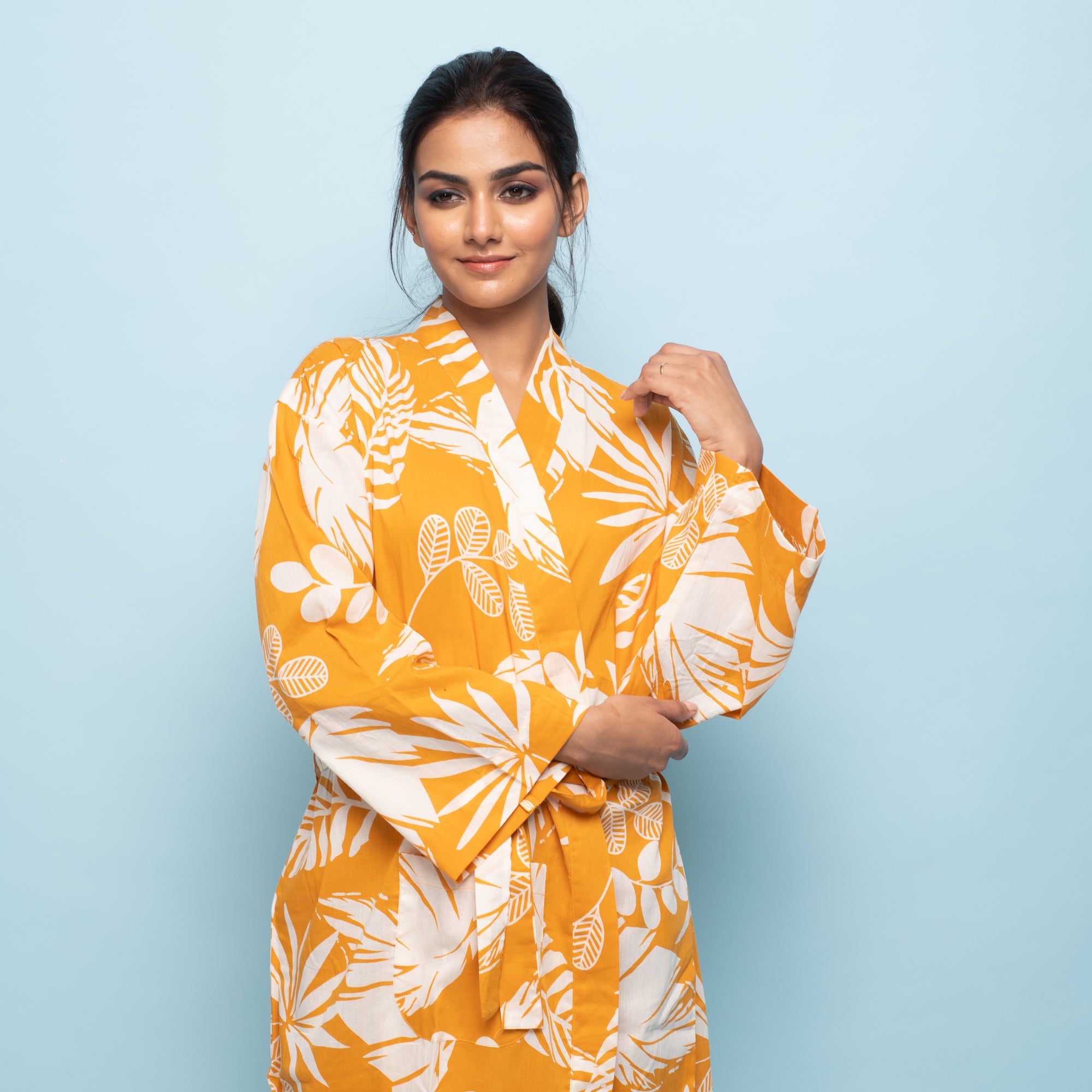 Yellow Cotton Hand printed kimono robe