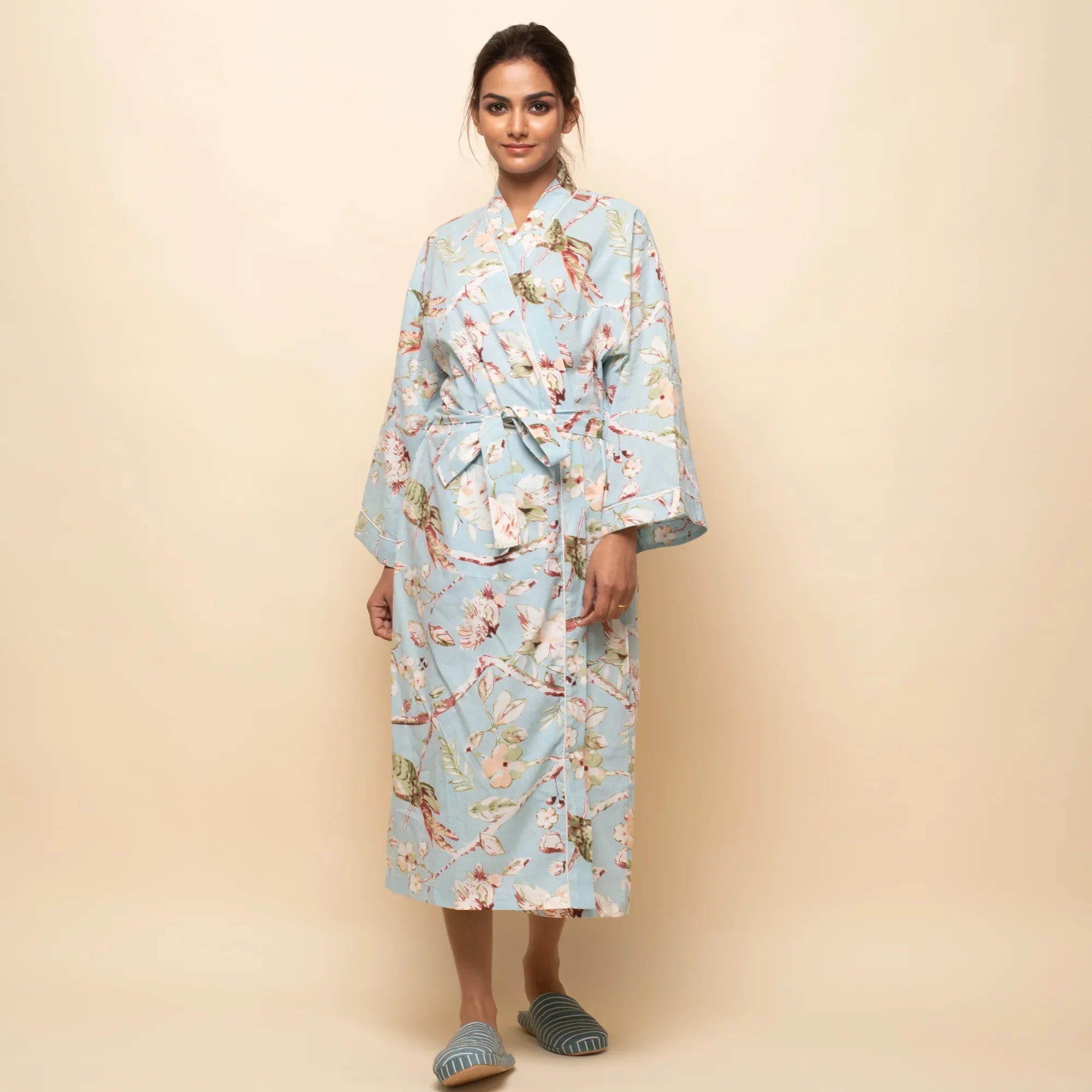 SKY BLUE Cotton Hand printed kimono robe - SanskrutiHomes