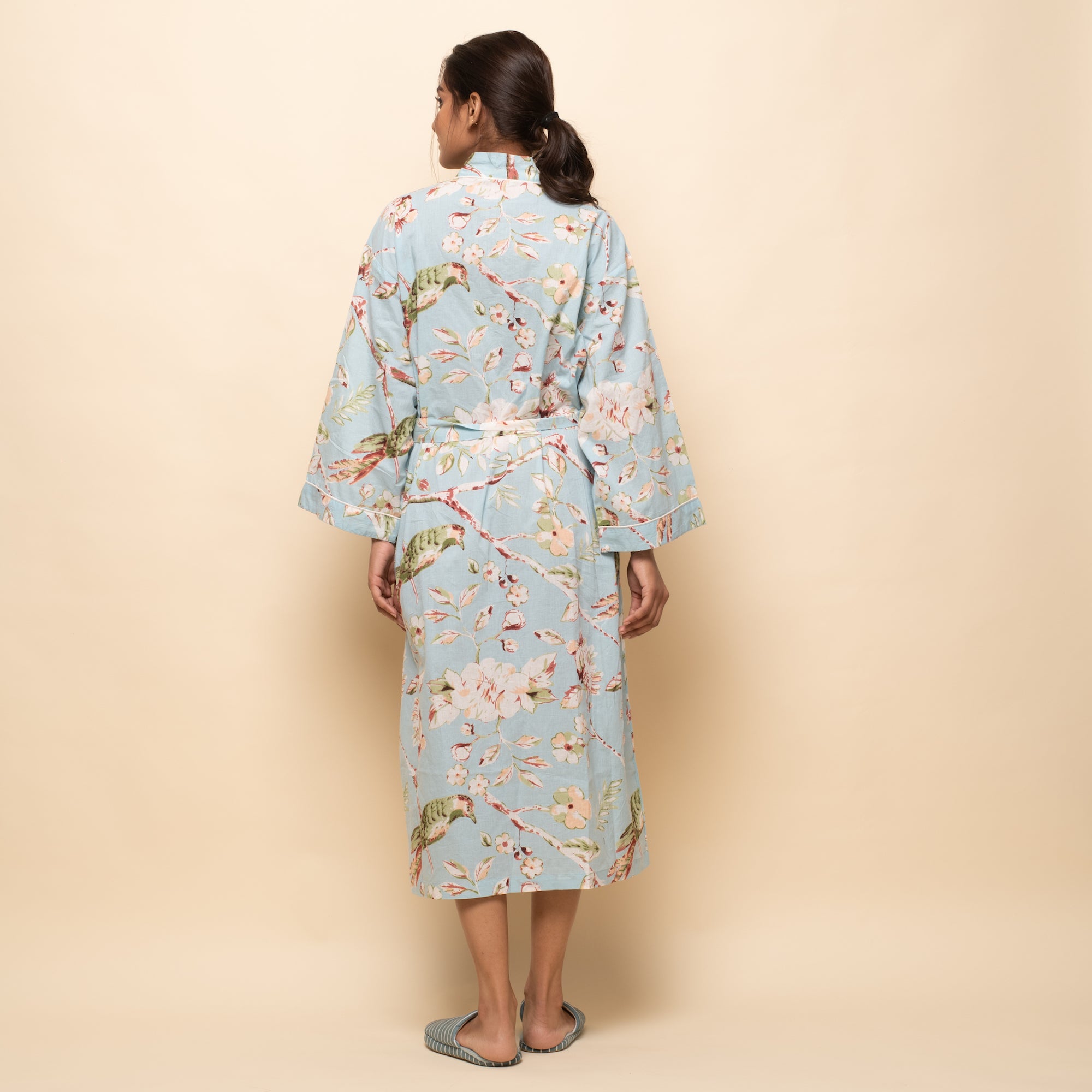 SKY BLUE Cotton Hand printed kimono robe