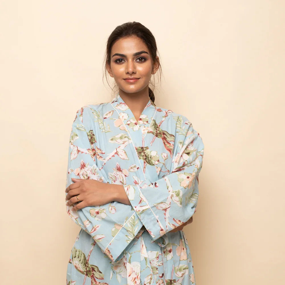 Set of 2 Cotton Hand printed kimono robe - SanskrutiHomes