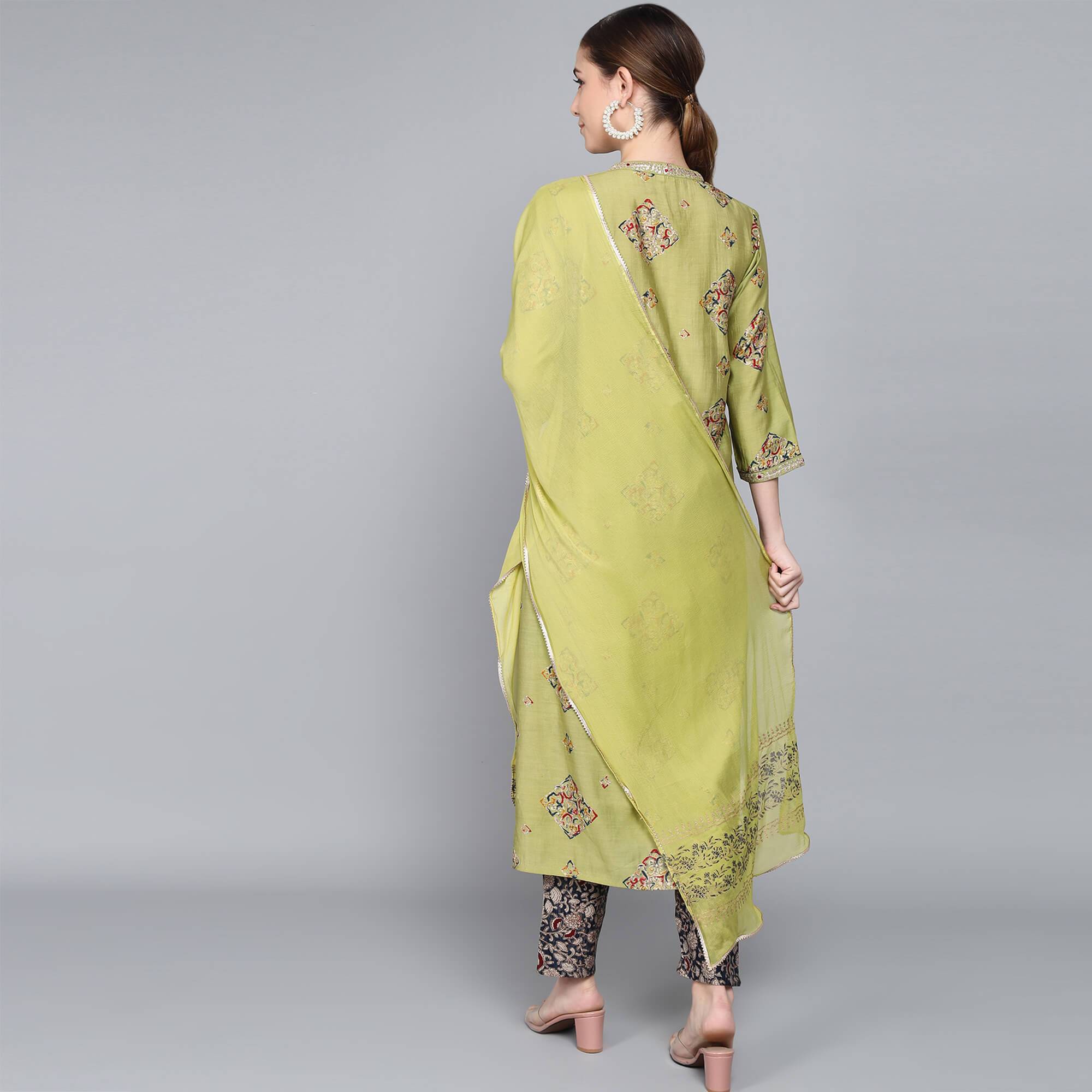 GREEN MUSLIN WOMEN'S KURTA PAJAMA DUPATTA SET muslin kurta Rangdeep-Fashions