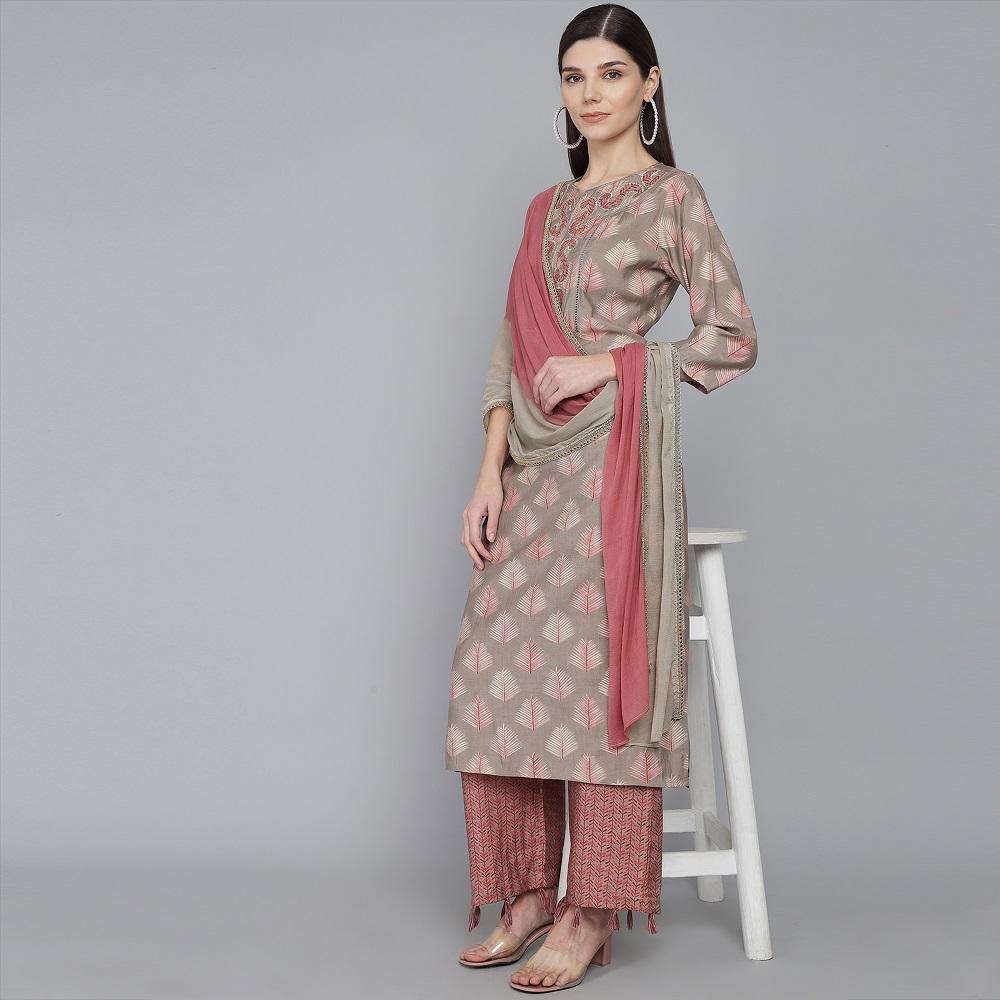 GREY MUSLIN WOMEN'S KURTA PAJAMA DUPATTA SET muslin kurta Rangdeep-Fashions