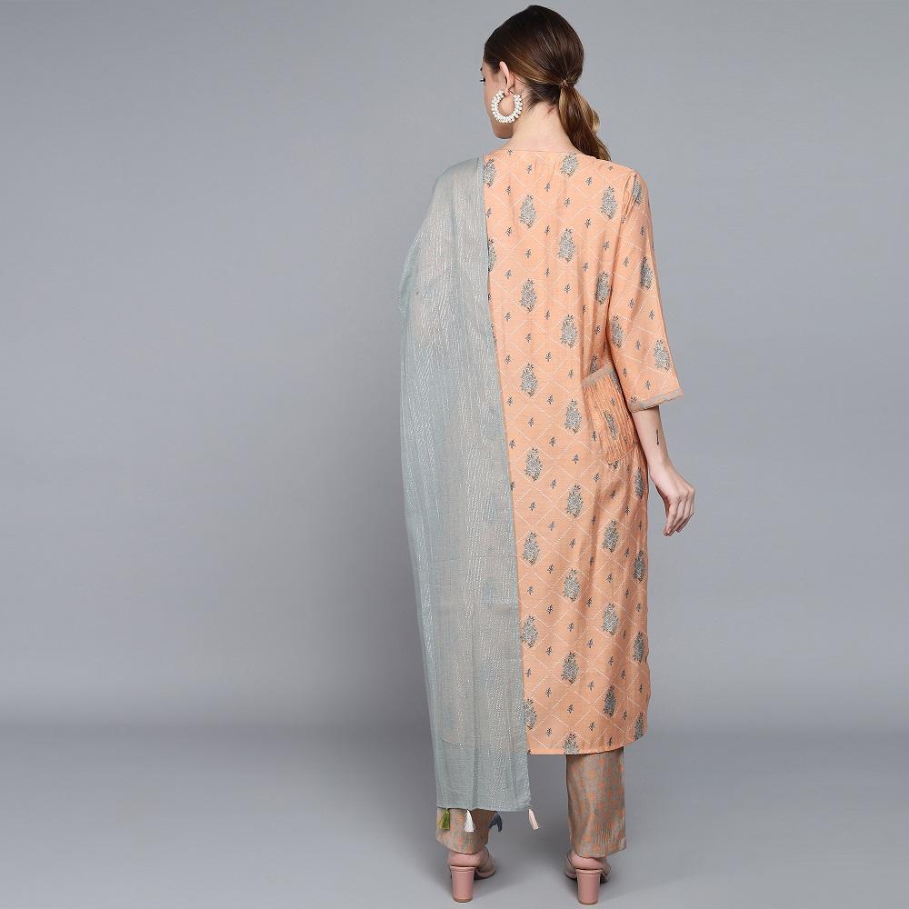 PEACH MUSLIN WOMEN'S KURTA PAJAMA DUPATTA SET muslin kurta Rangdeep-Fashions
