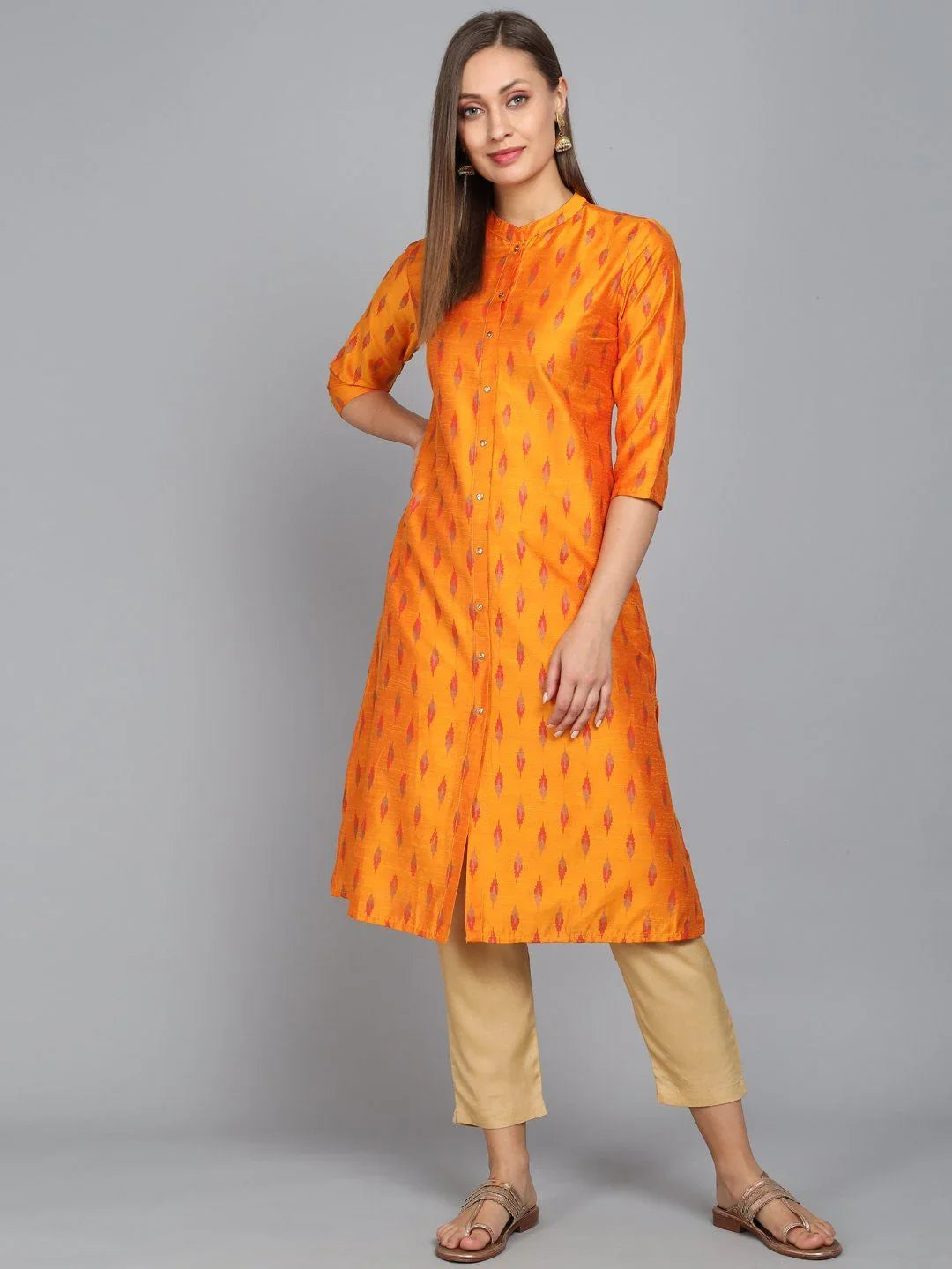 Rangdeep Golden Knee length Viscose Straight Kurta - SanskrutiHomes