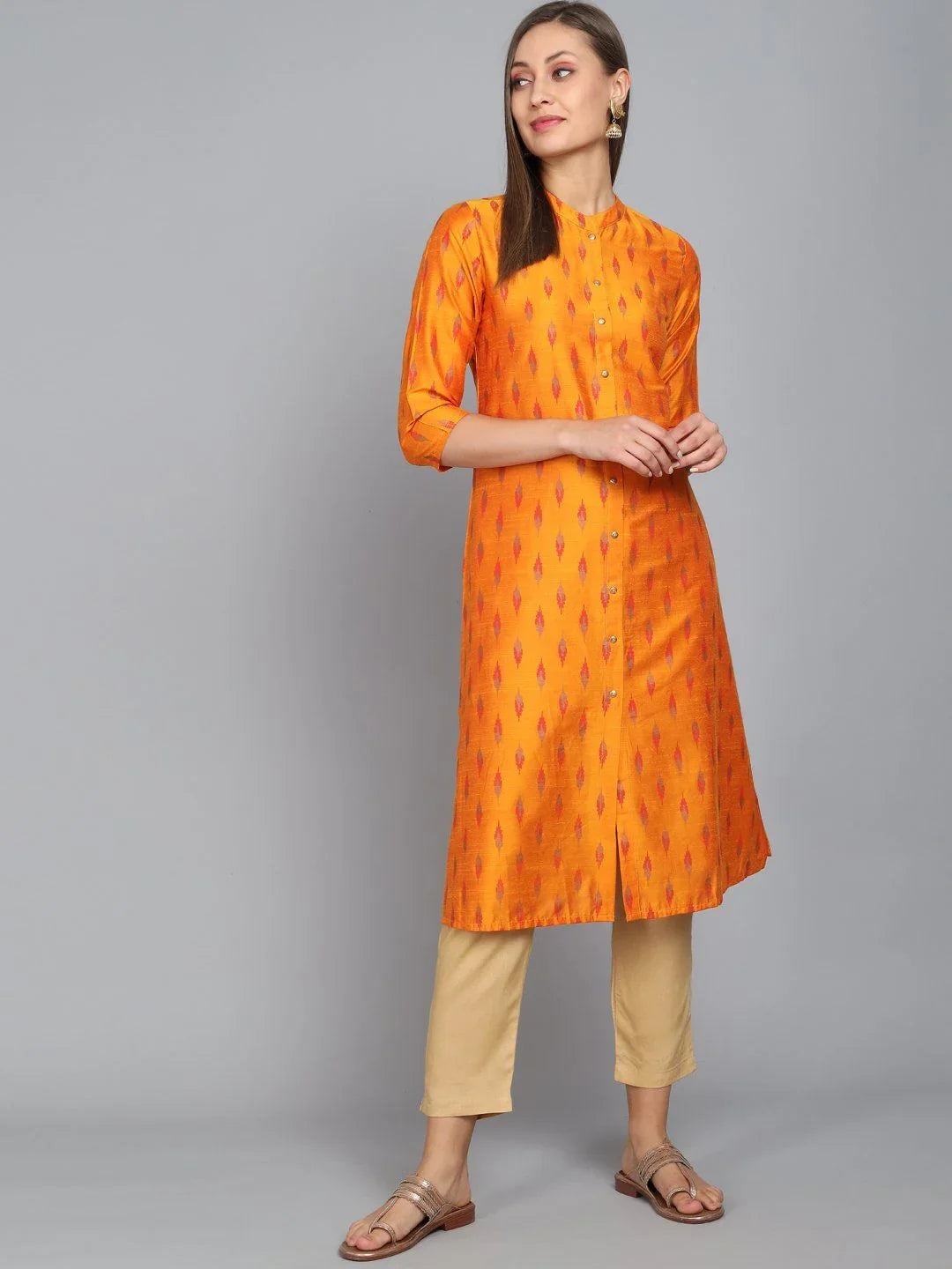 Rangdeep Golden Knee length Viscose Straight Kurta - SanskrutiHomes