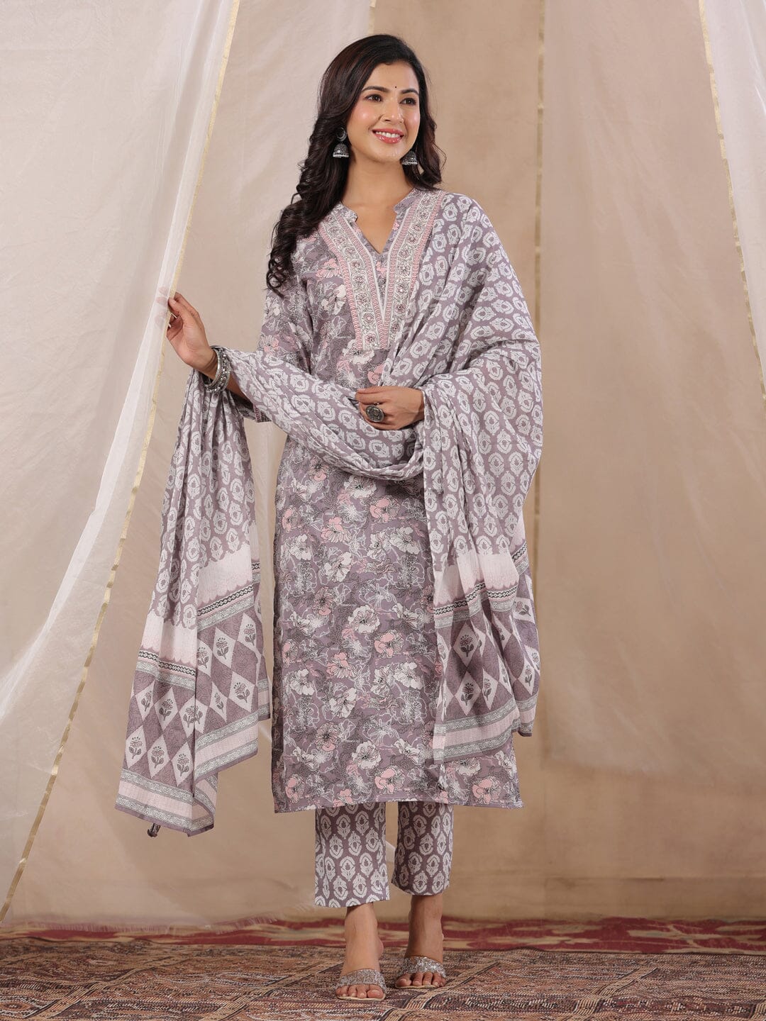 RangDeep Women Pink Floral Print Kurta Set Kurti Dupatta set Pant Rangdeep-Fashions