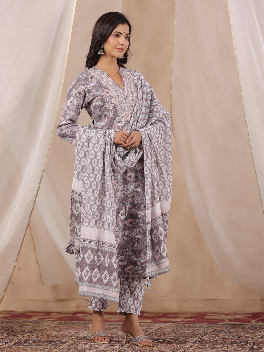 RangDeep Women Pink Floral Print Kurta Set Kurti Dupatta set Pant Rangdeep-Fashions