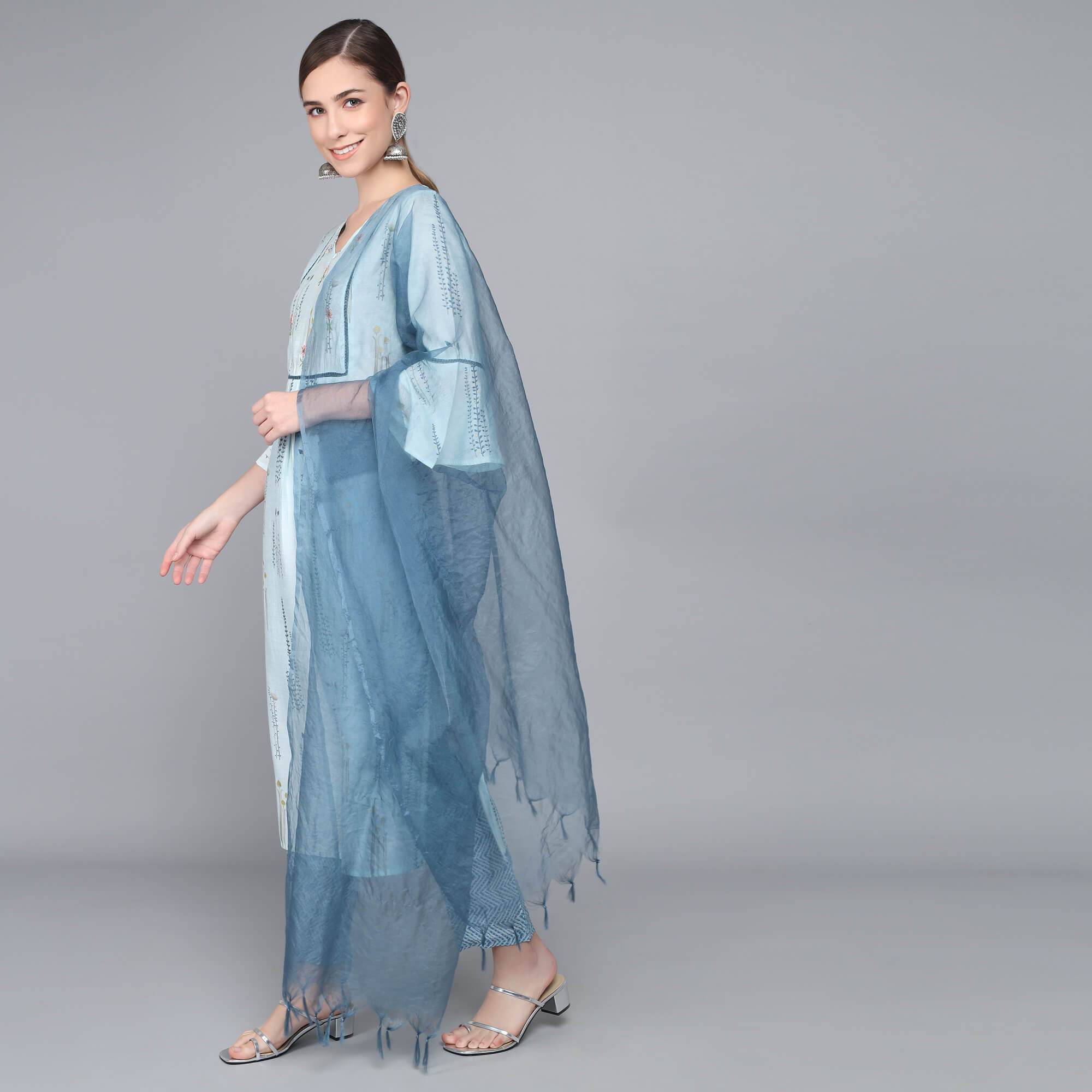 SKY BLUE MUSLIN WOMEN'S KURTA PAJAMA DUPATTA SET muslin kurta Rangdeep-Fashions