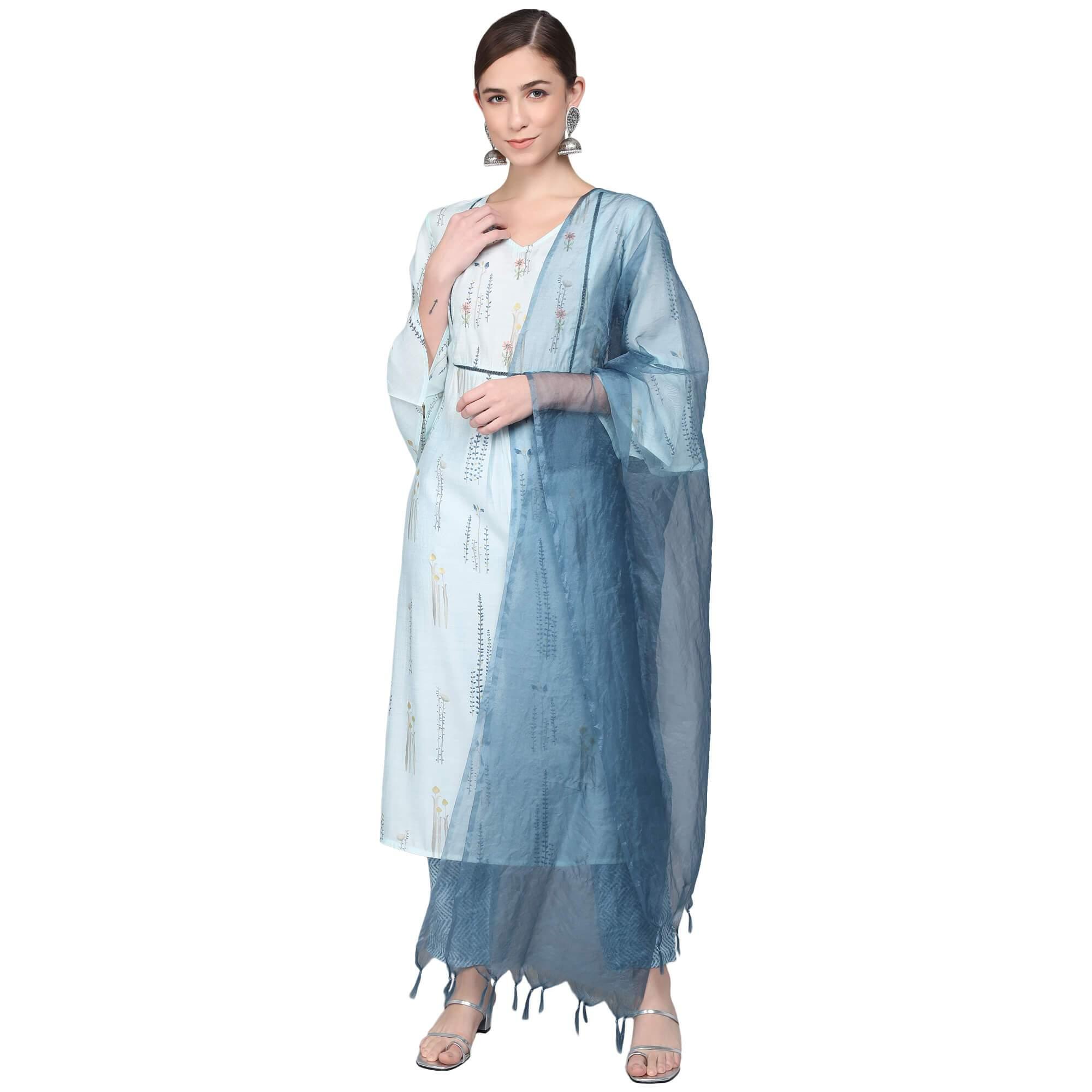 SKY BLUE MUSLIN WOMEN'S KURTA PAJAMA DUPATTA SET - SanskrutiHomes