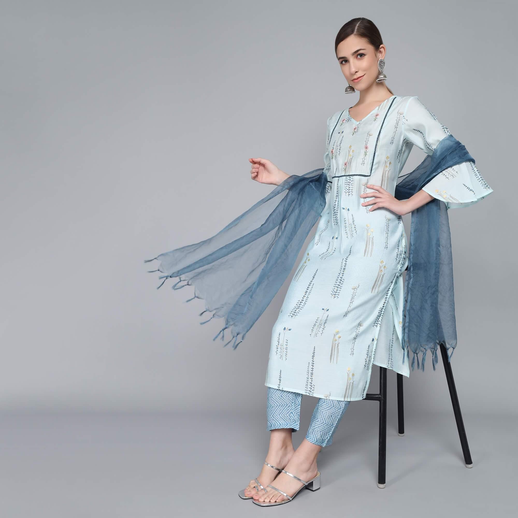 SKY BLUE MUSLIN WOMEN'S KURTA PAJAMA DUPATTA SET - SanskrutiHomes