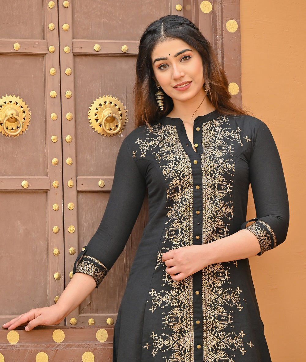 Women black and gold ethnic kurta Cotton Flex Kurti Rangdeep-Fashions