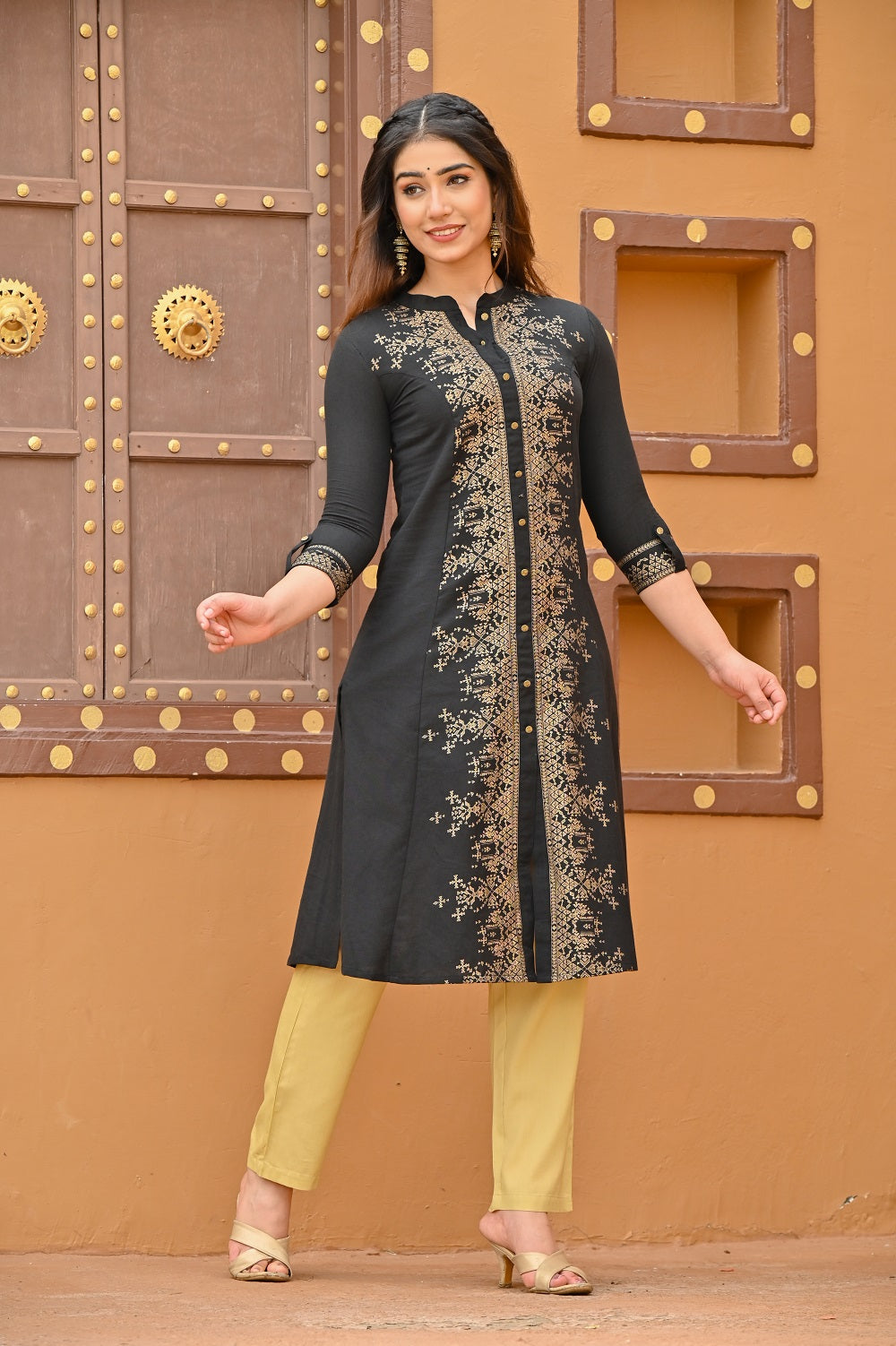 Women black and gold ethnic kurta Cotton Flex Kurti Rangdeep-Fashions