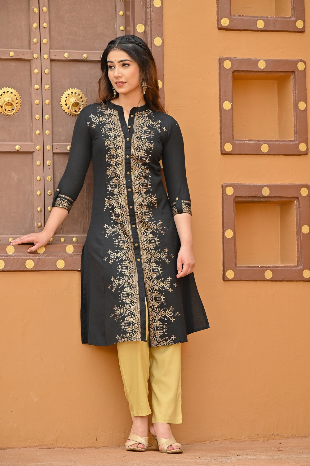 Women black and gold ethnic kurta Cotton Flex Kurti Rangdeep-Fashions