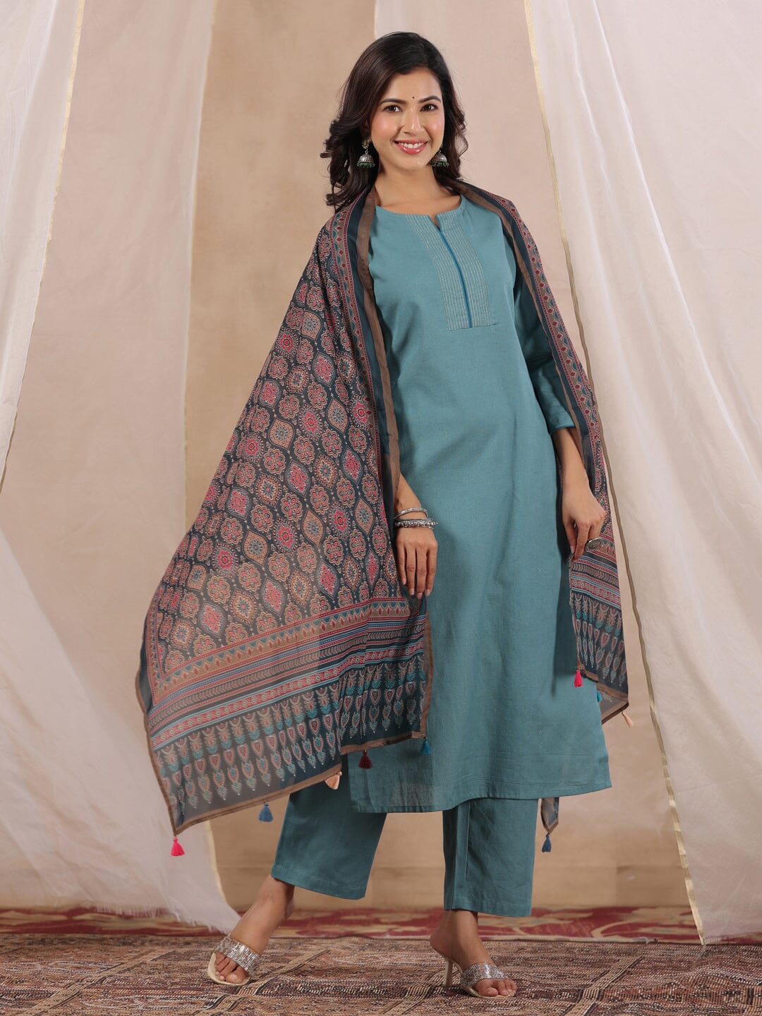 Women Cotton Flex Kurta Set With Chiffon Dupatta Kurti Dupatta set Pant Rangdeep-Fashions